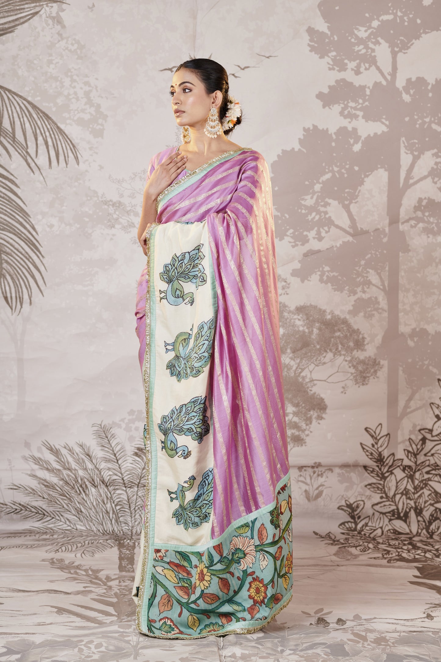 Lilac Peacock Hand-Painted Kalamkari Saree Set