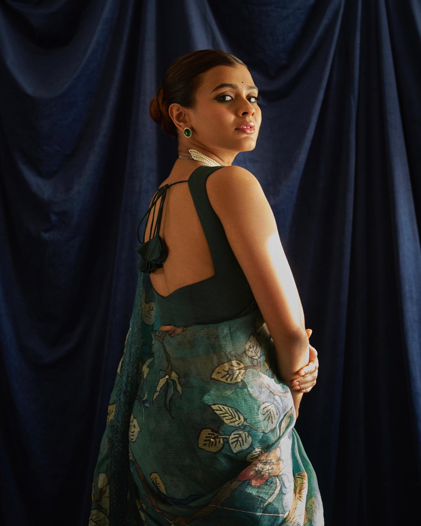 Ramagreen bird cage Hand-Painted Kalamkari Saree Set