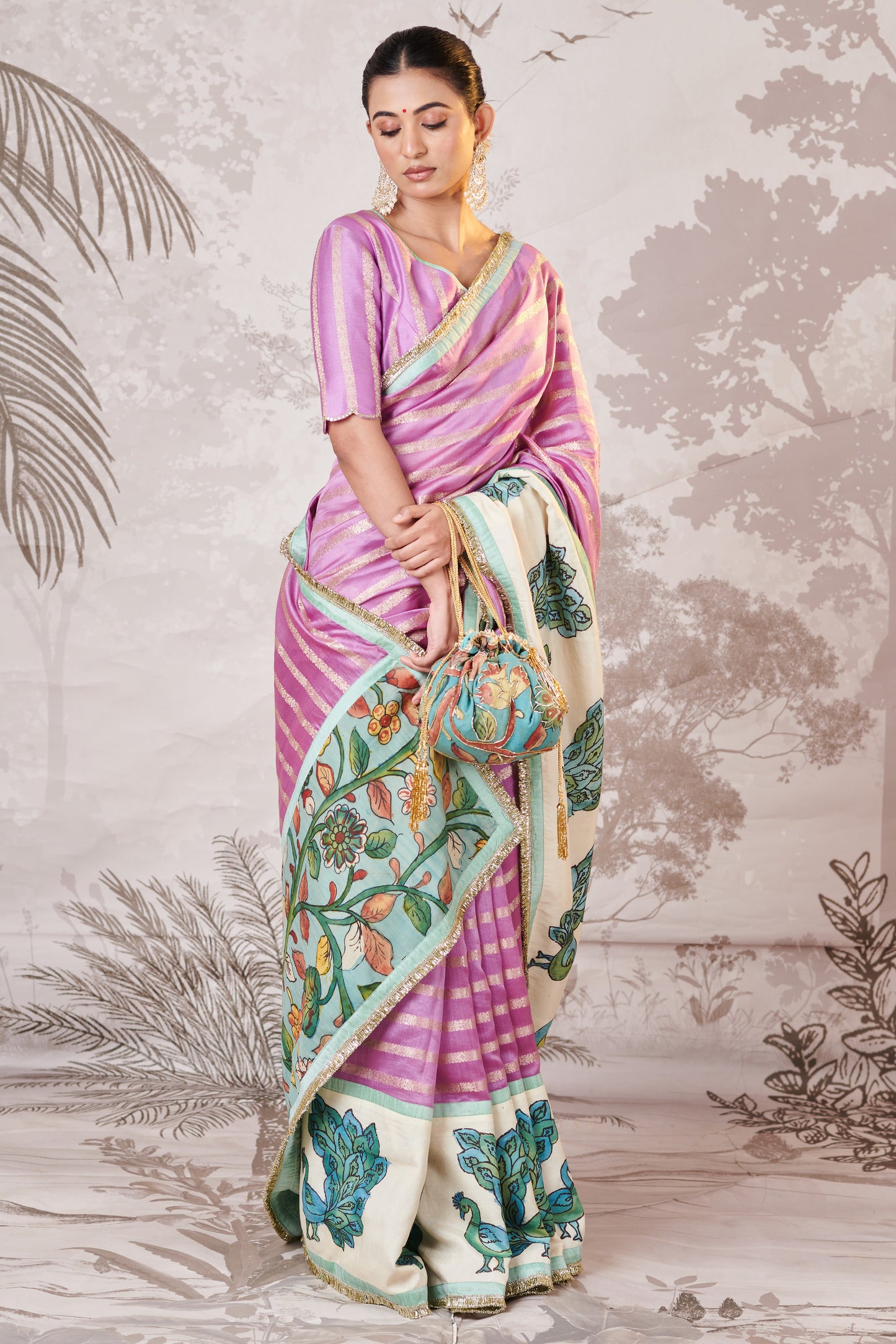 Lilac Peacock Hand-Painted Kalamkari Saree Set
