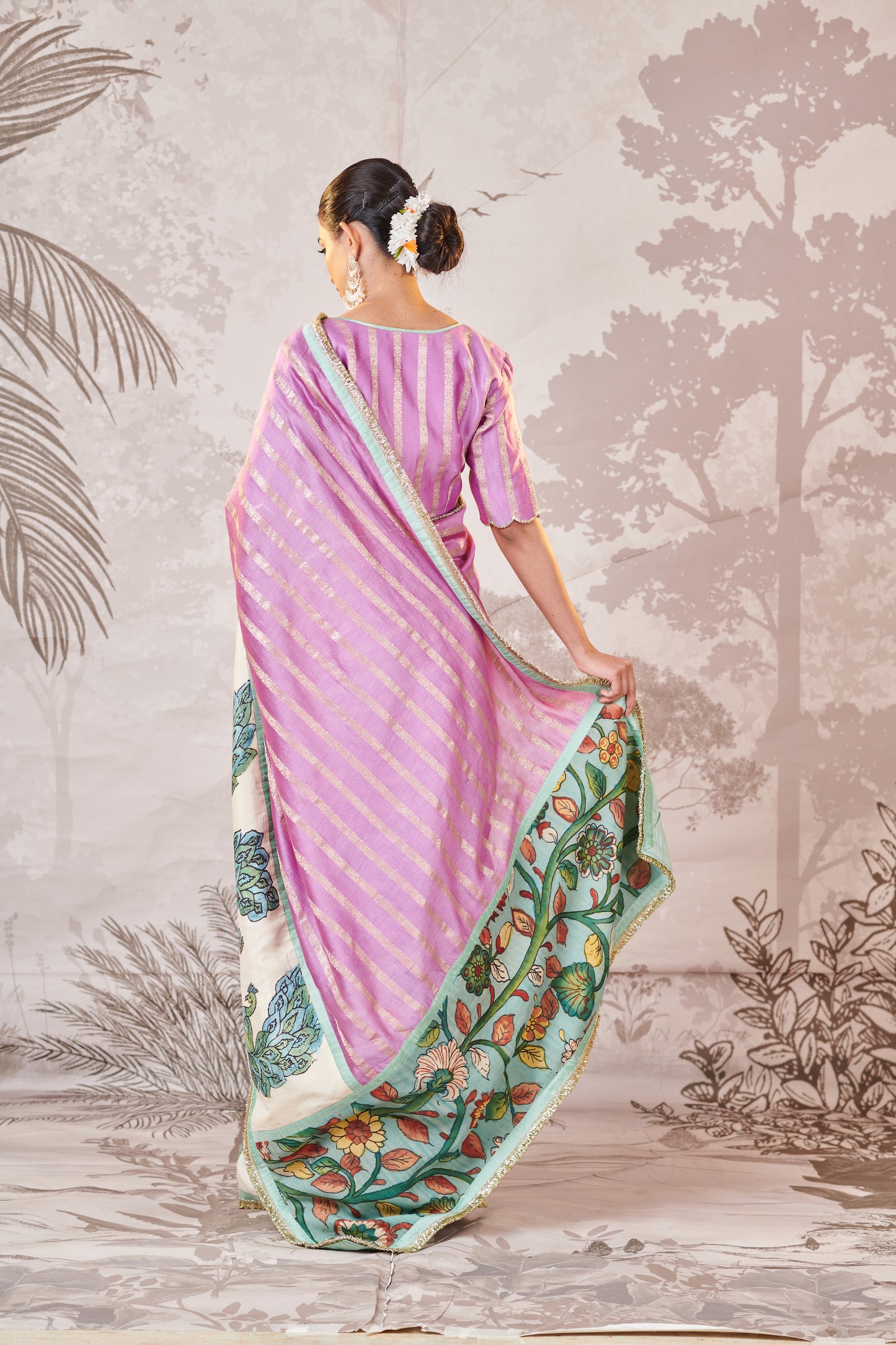Lilac Peacock Hand-Painted Kalamkari Saree Set