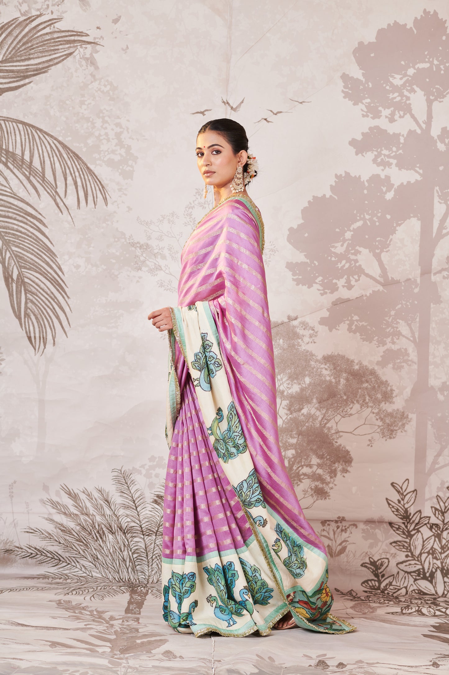 Lilac Peacock Hand-Painted Kalamkari Saree Set
