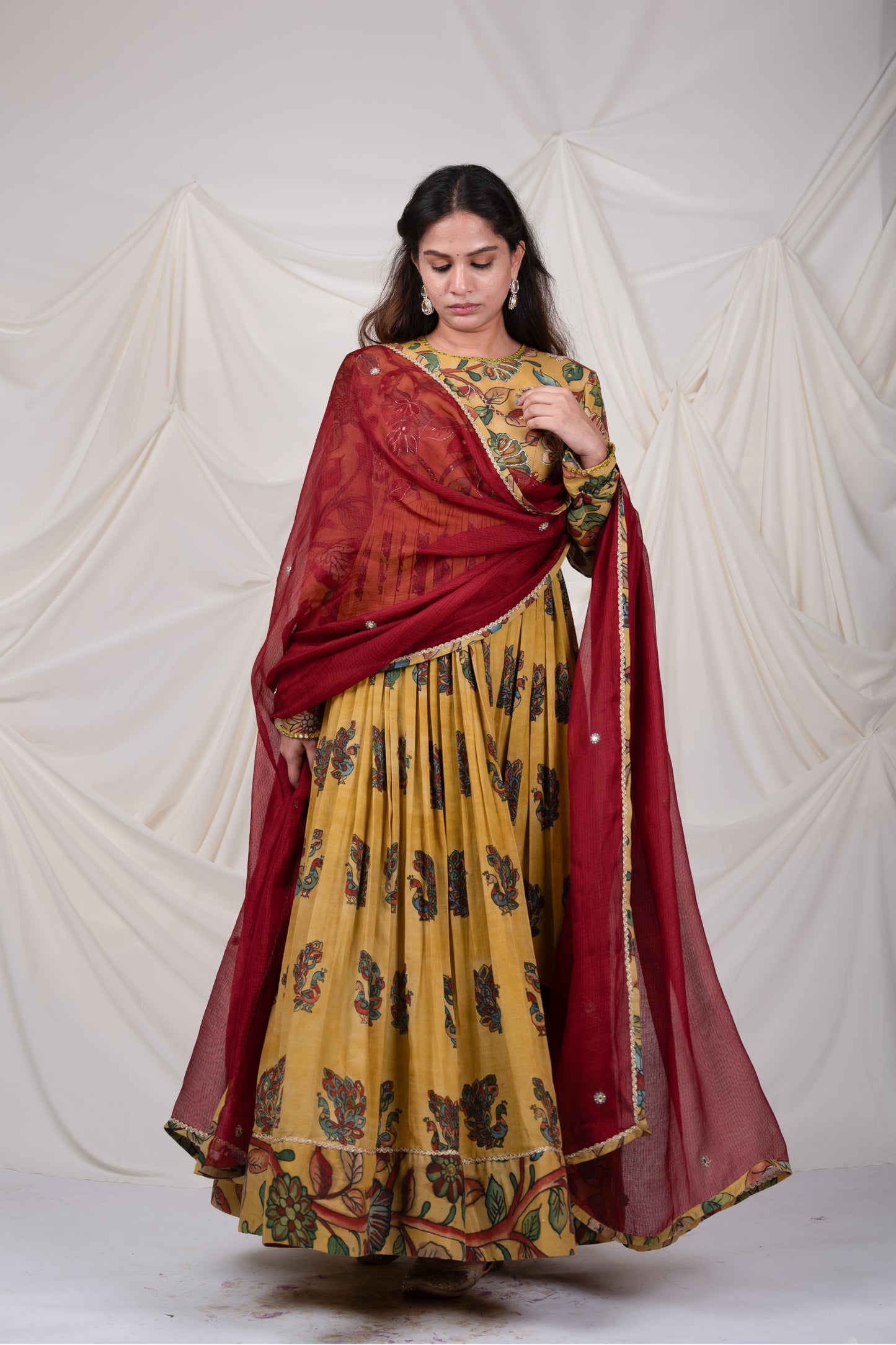 Oakre Yellow Kalamkari Peacock Anarkali Set