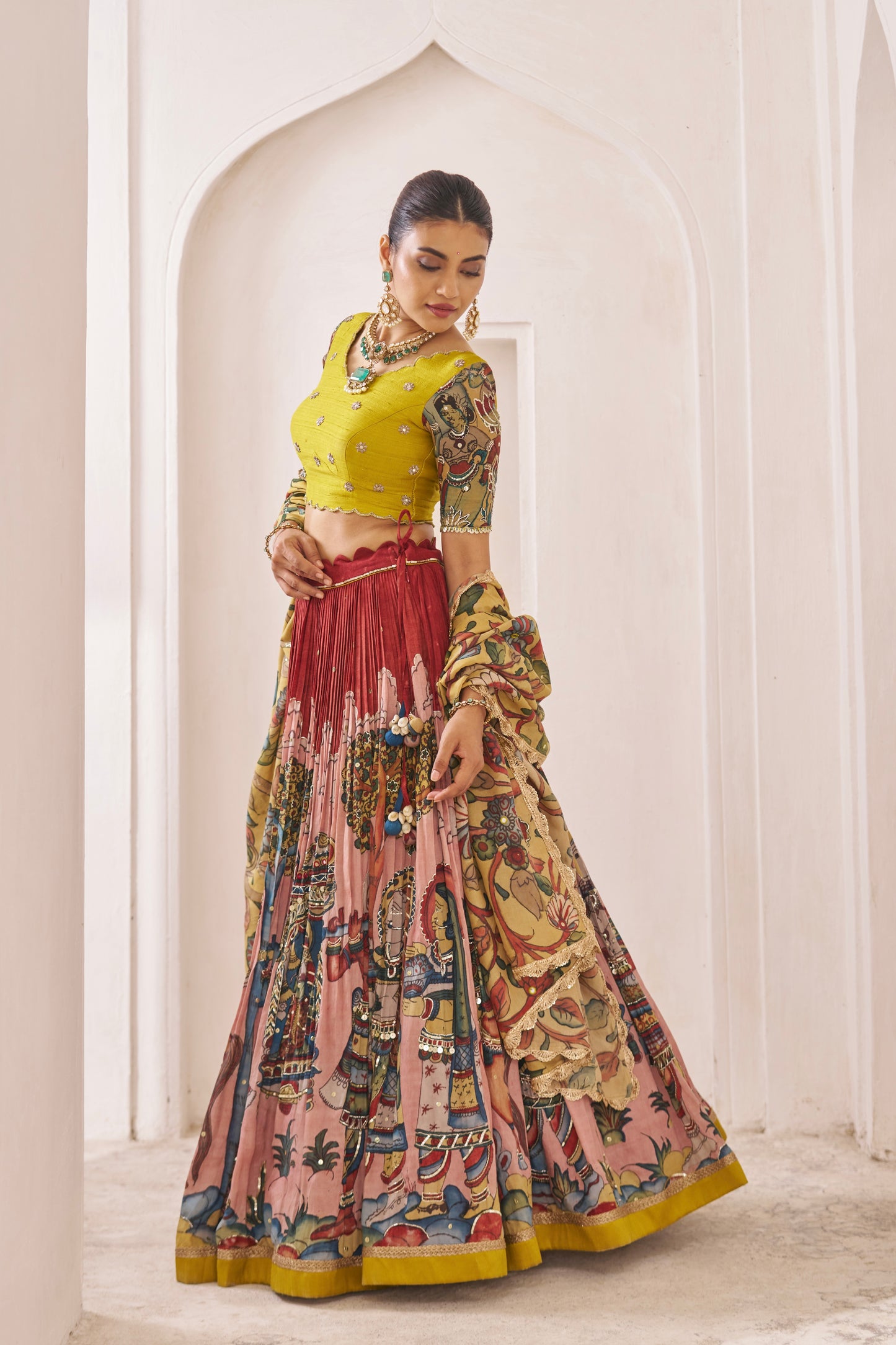 Maroon Palenquin Bride Theme Kalamkari Lehenga Set