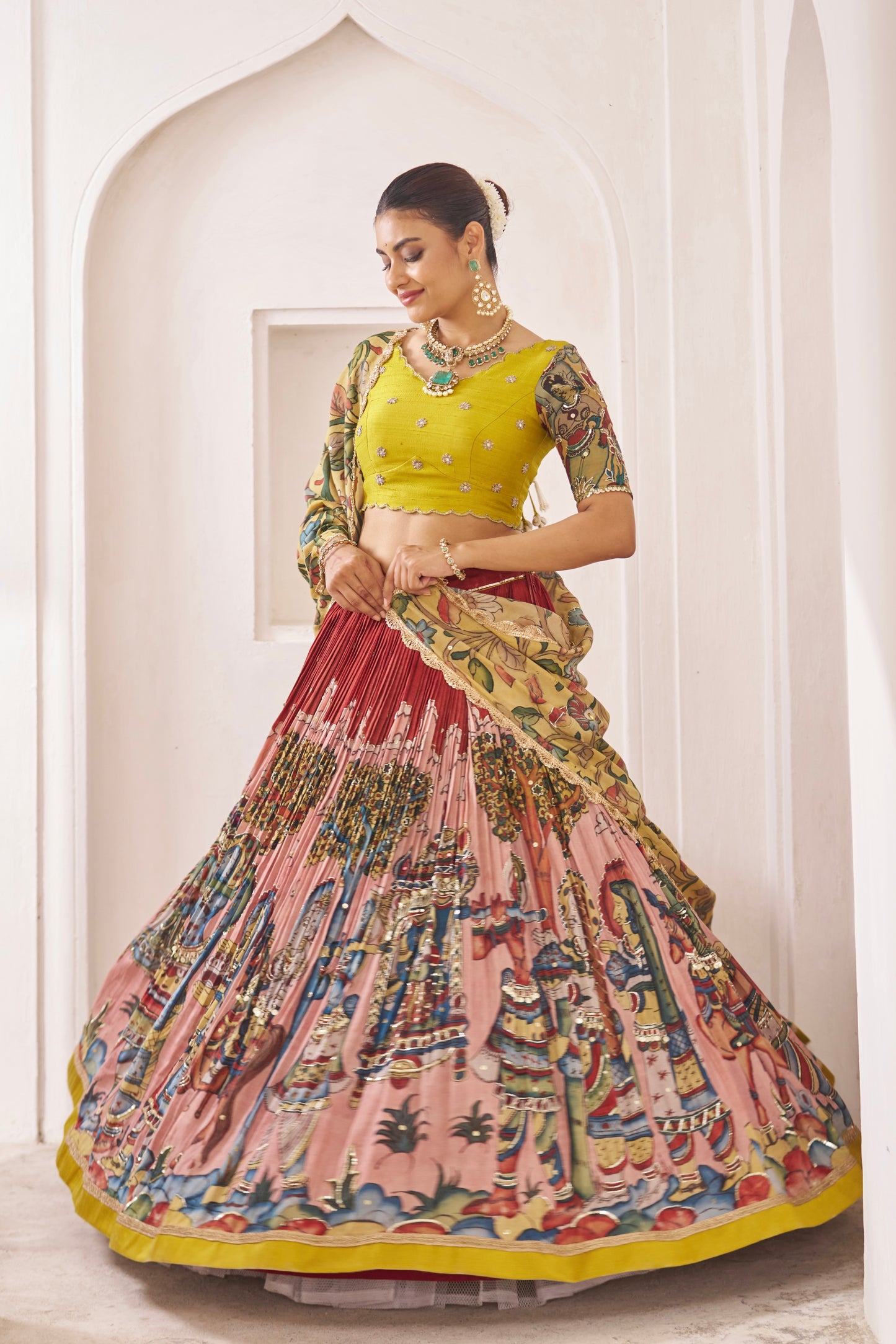 Maroon Palenquin Bride Theme Kalamkari Lehenga Set