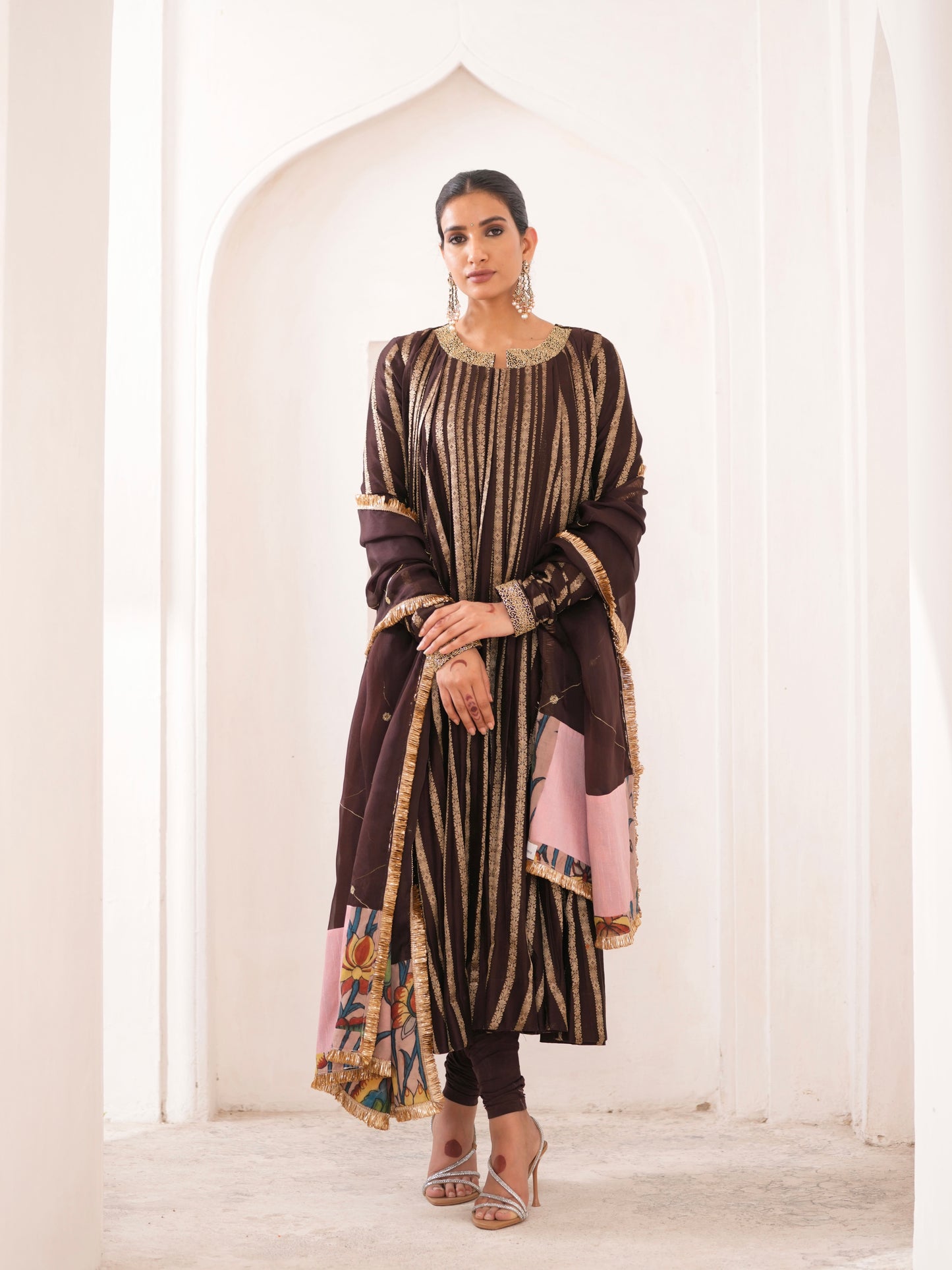 Signature Brown Zari Stripes Anarkali Set