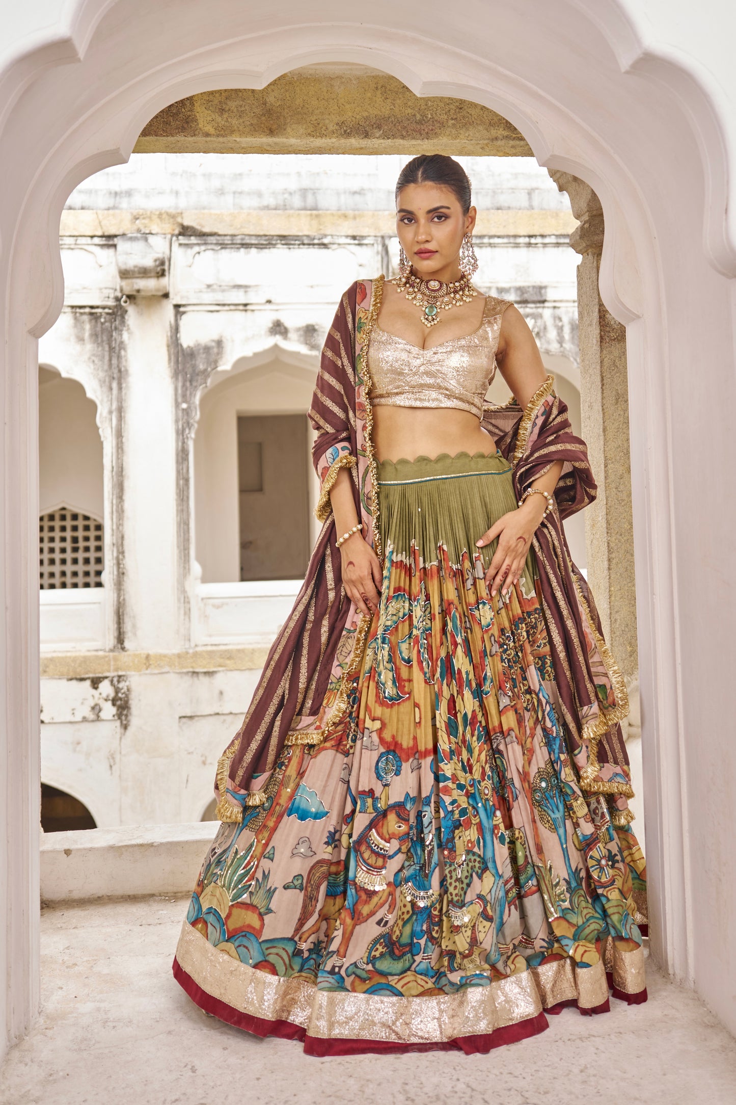 Olive-Green Sena Theme Lehenga Set