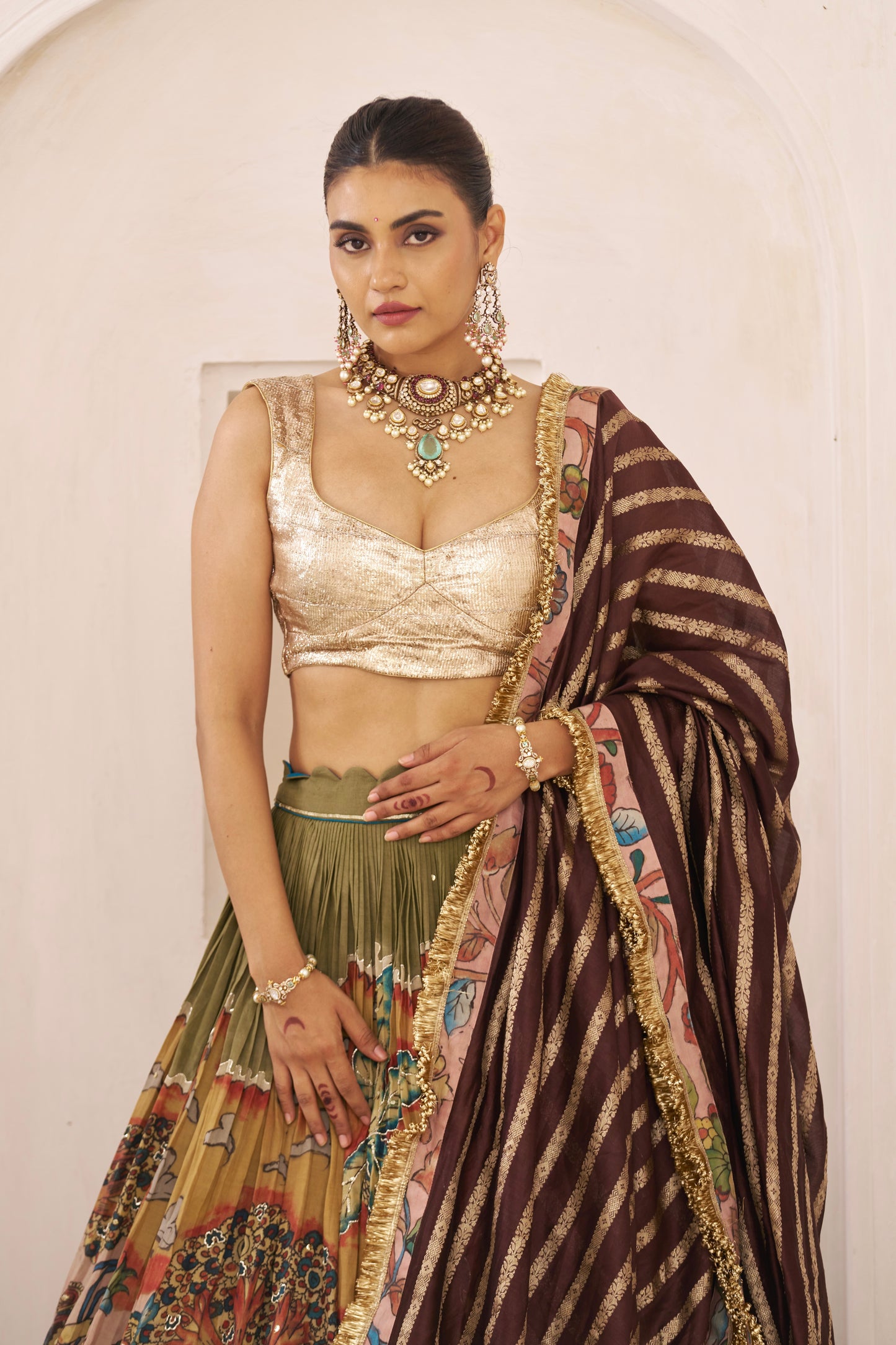 Olive-Green Sena Theme Lehenga Set