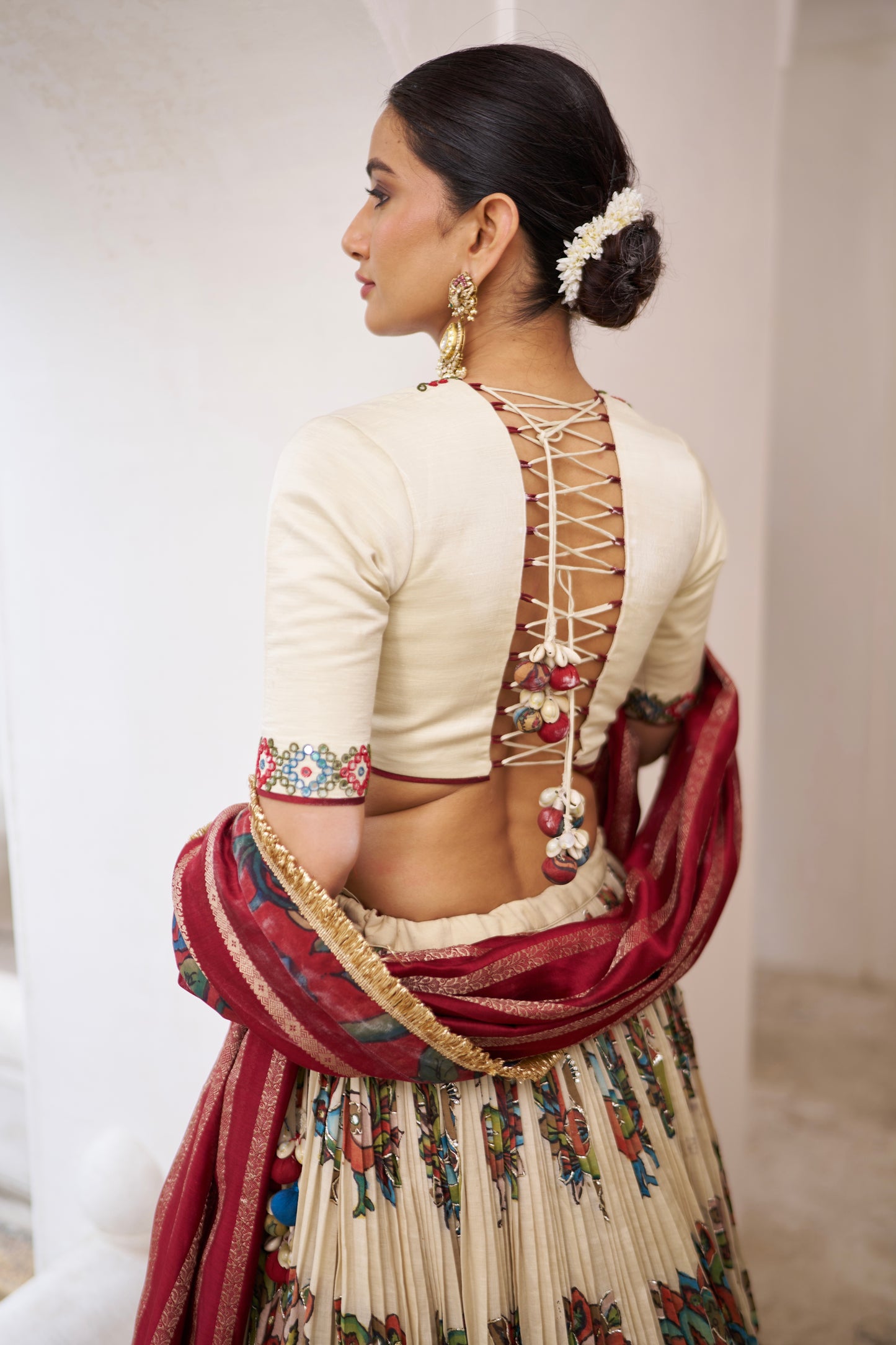 Ivory Peacock Theme Kalamkari Lehenga Set