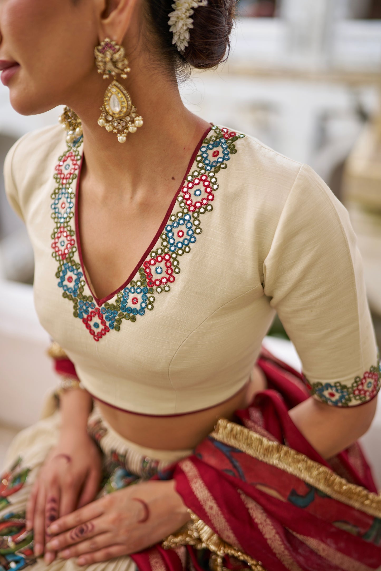 Ivory Peacock Theme Kalamkari Lehenga Set