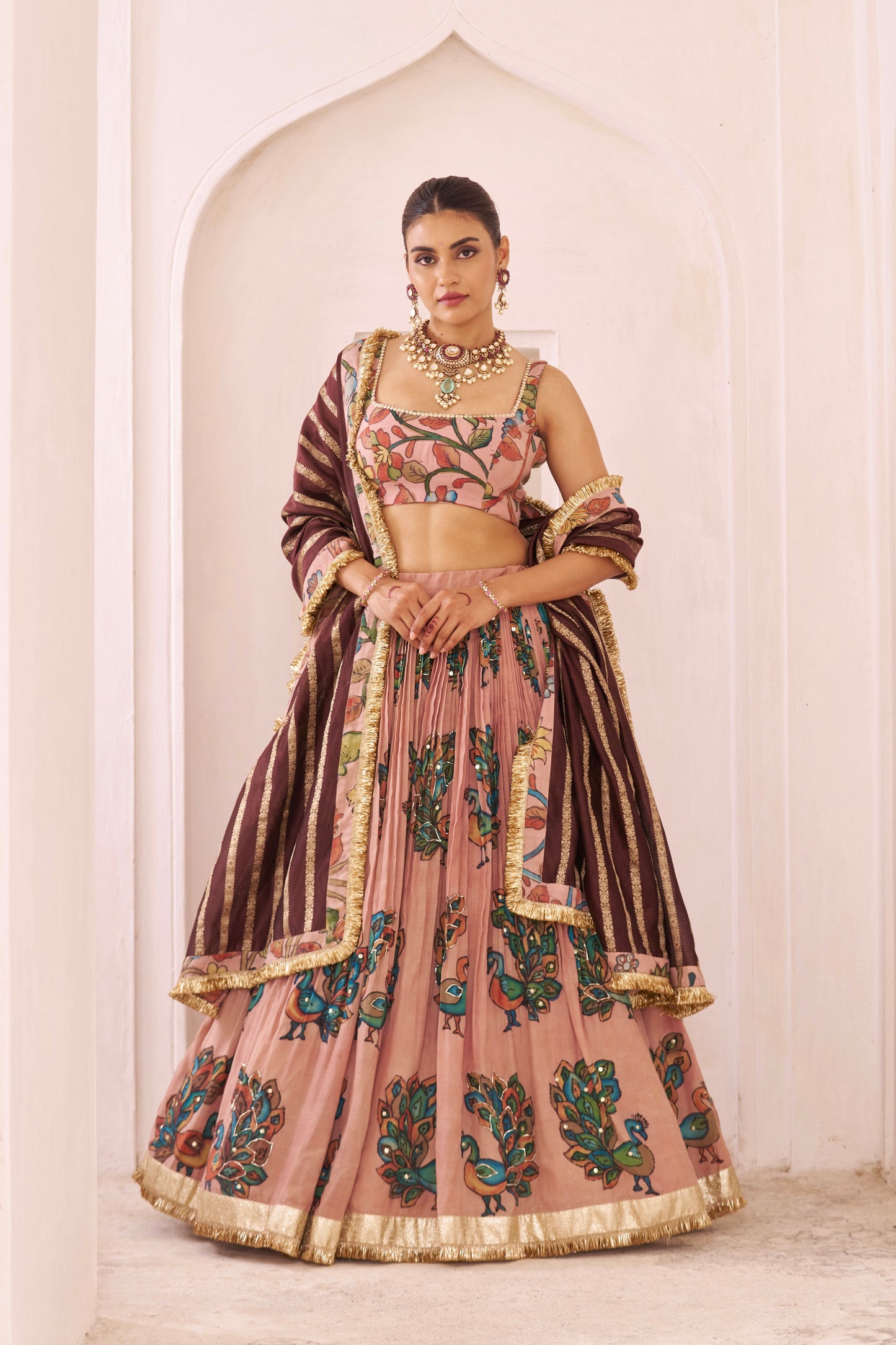 Sandrose-Pink Peacock Theme Kalamkari Lehenga Set
