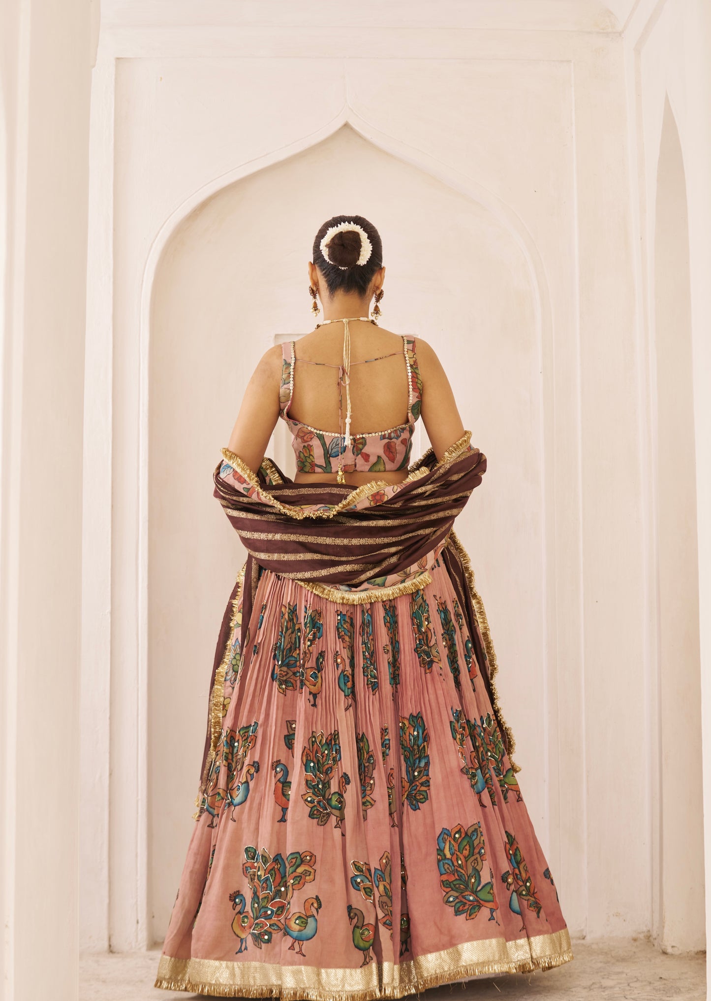 Sandrose-Pink Peacock Theme Kalamkari Lehenga Set