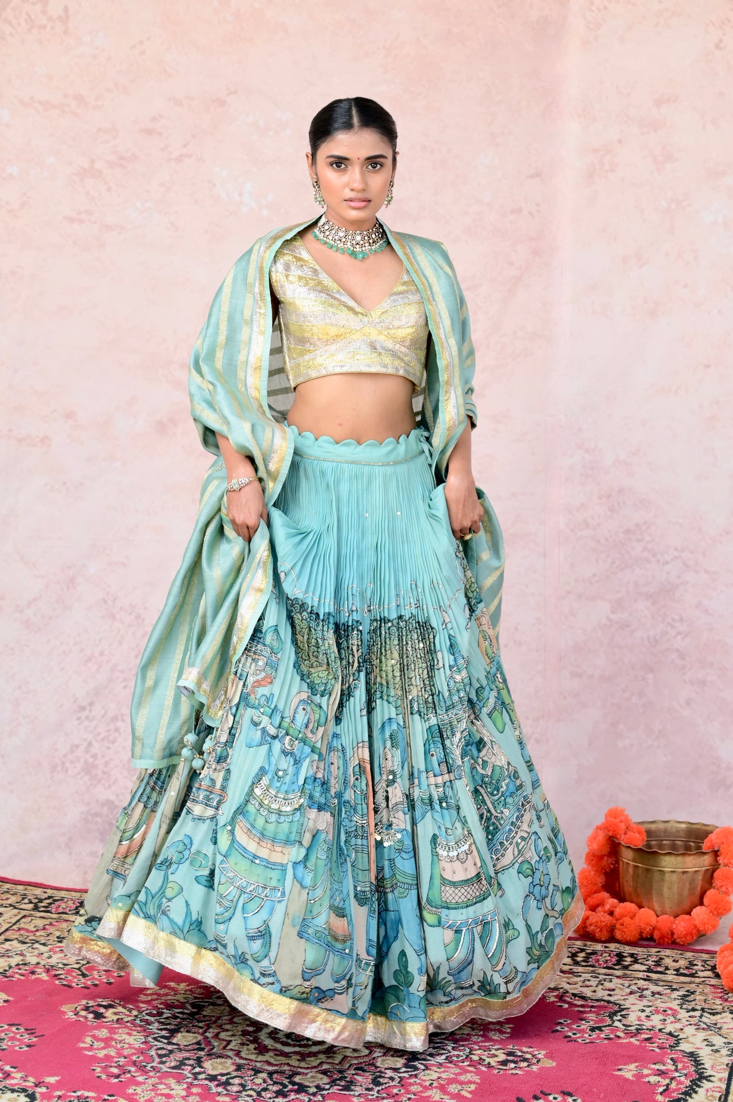 Ice-Blue Palenquin Bride Theme Kalamkari Lehenga Set