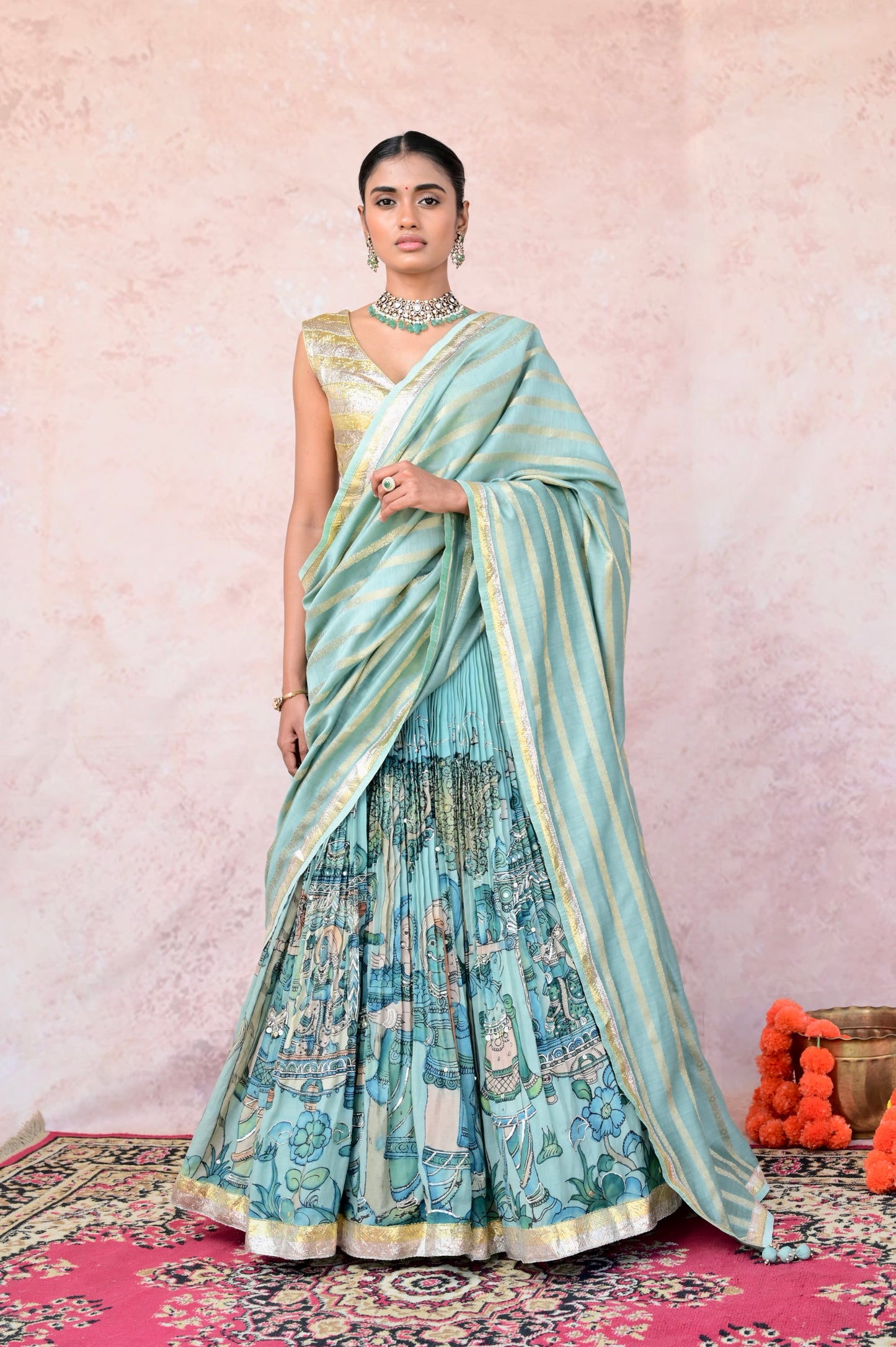 Ice-Blue Palenquin Bride Theme Kalamkari Lehenga Set