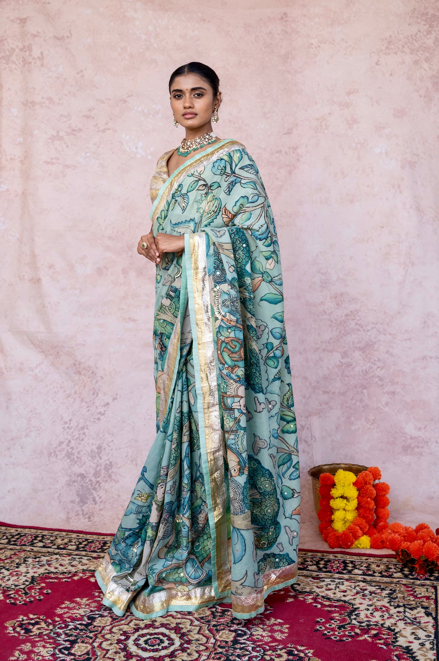 Iceblue Sena Kalamkari Saree Set