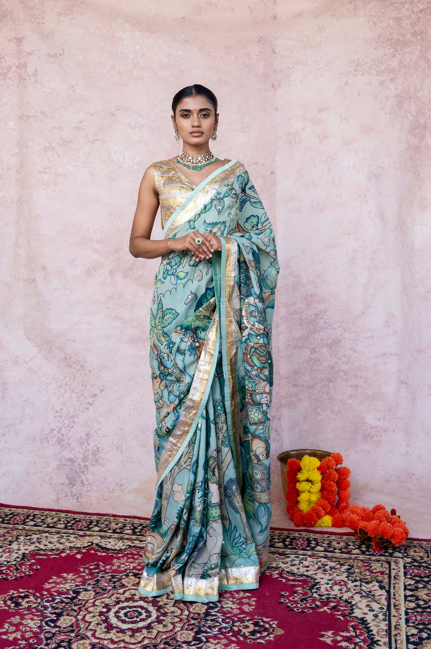 Iceblue Sena Kalamkari Saree Set