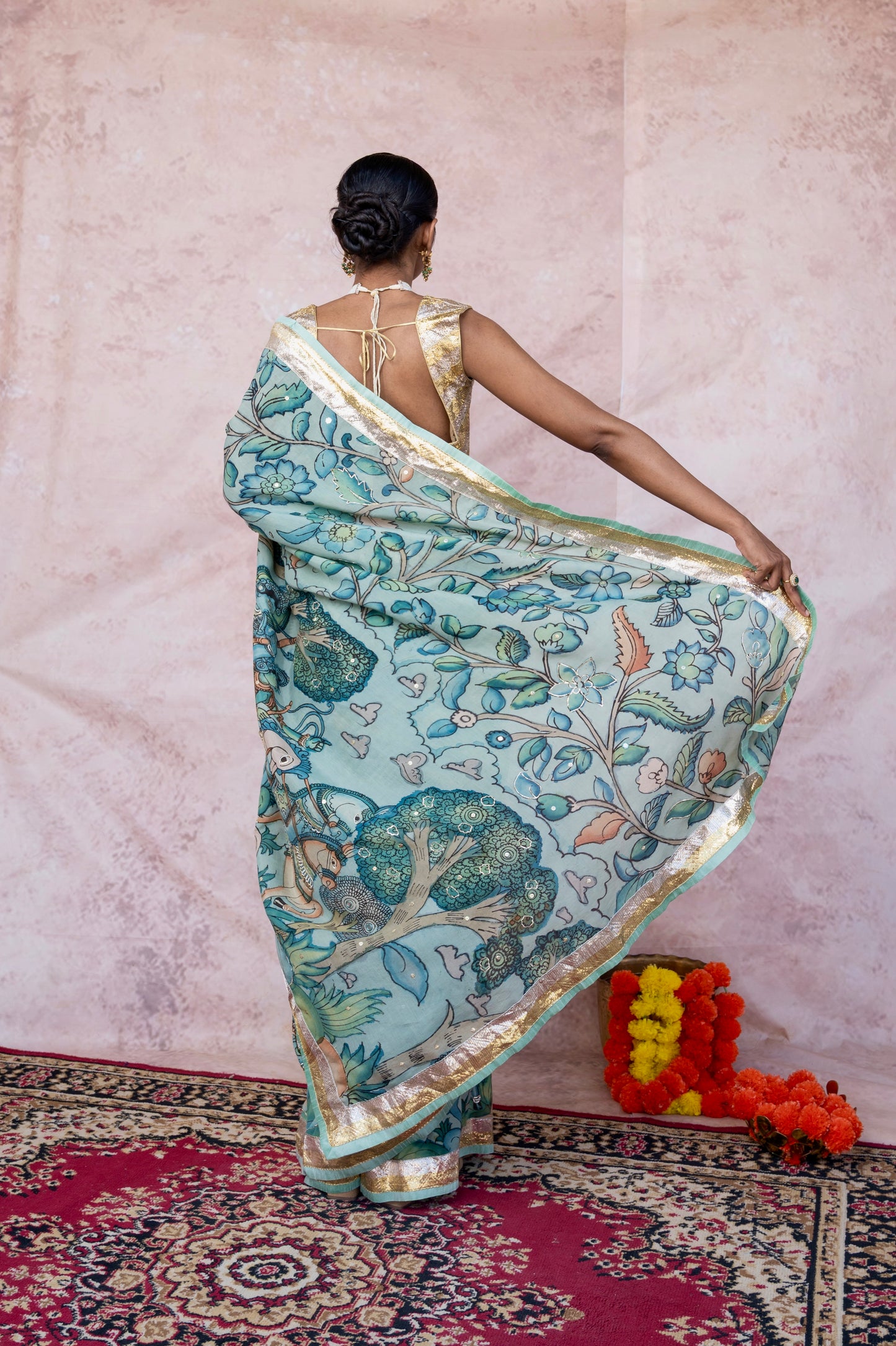 Iceblue Sena Kalamkari Saree Set