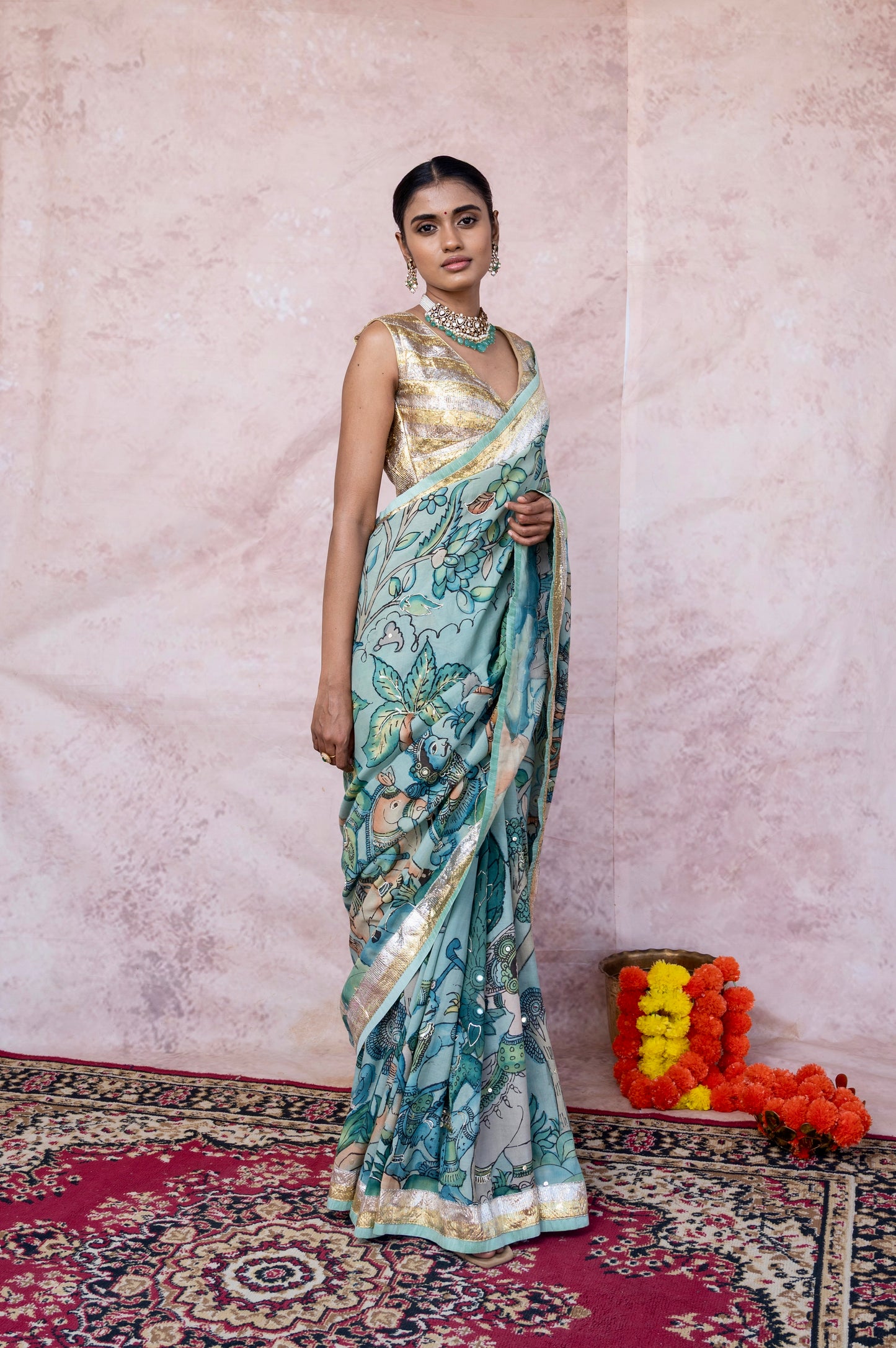 Iceblue Sena Kalamkari Saree Set