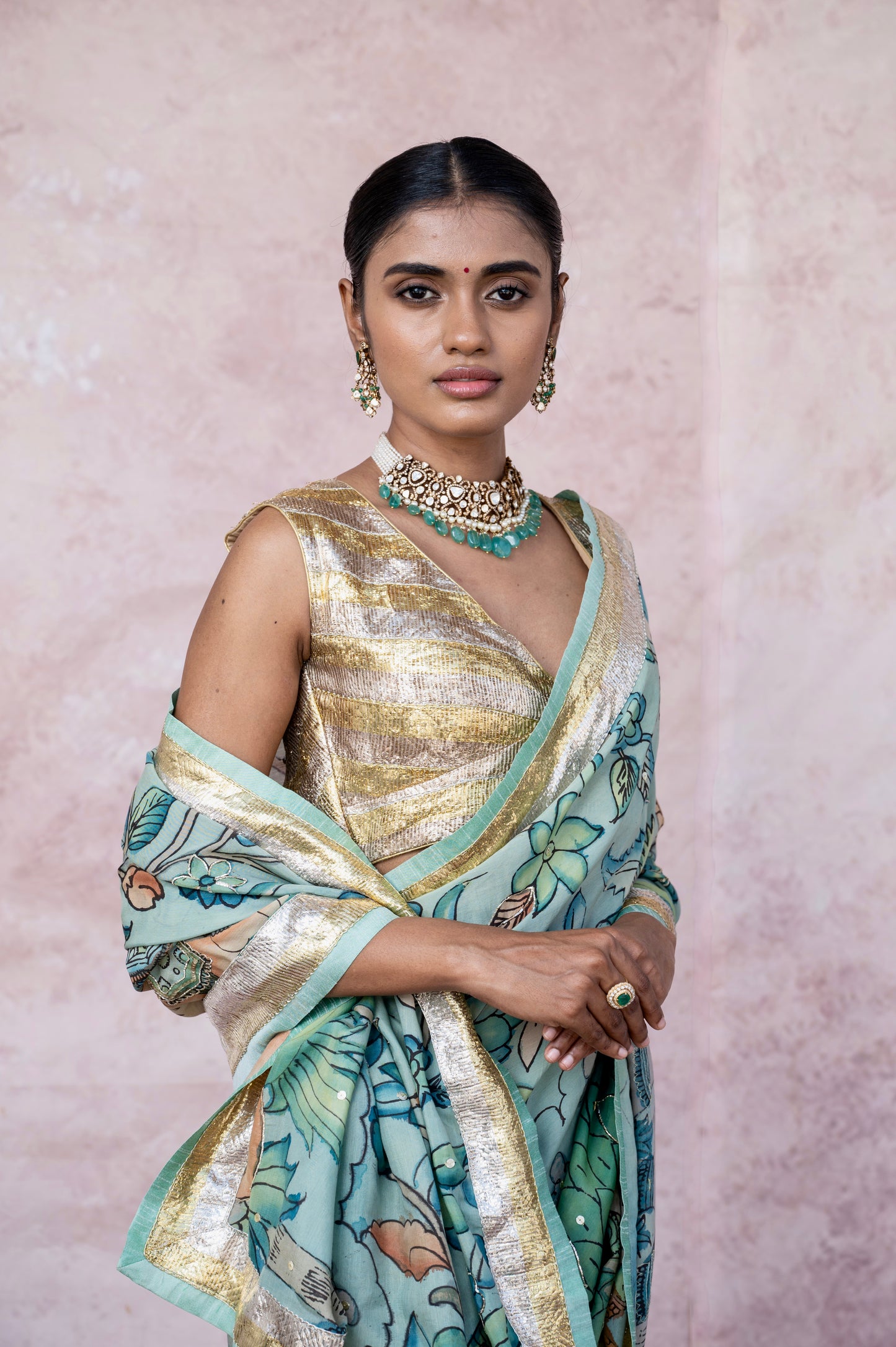 Iceblue Sena Kalamkari Saree Set