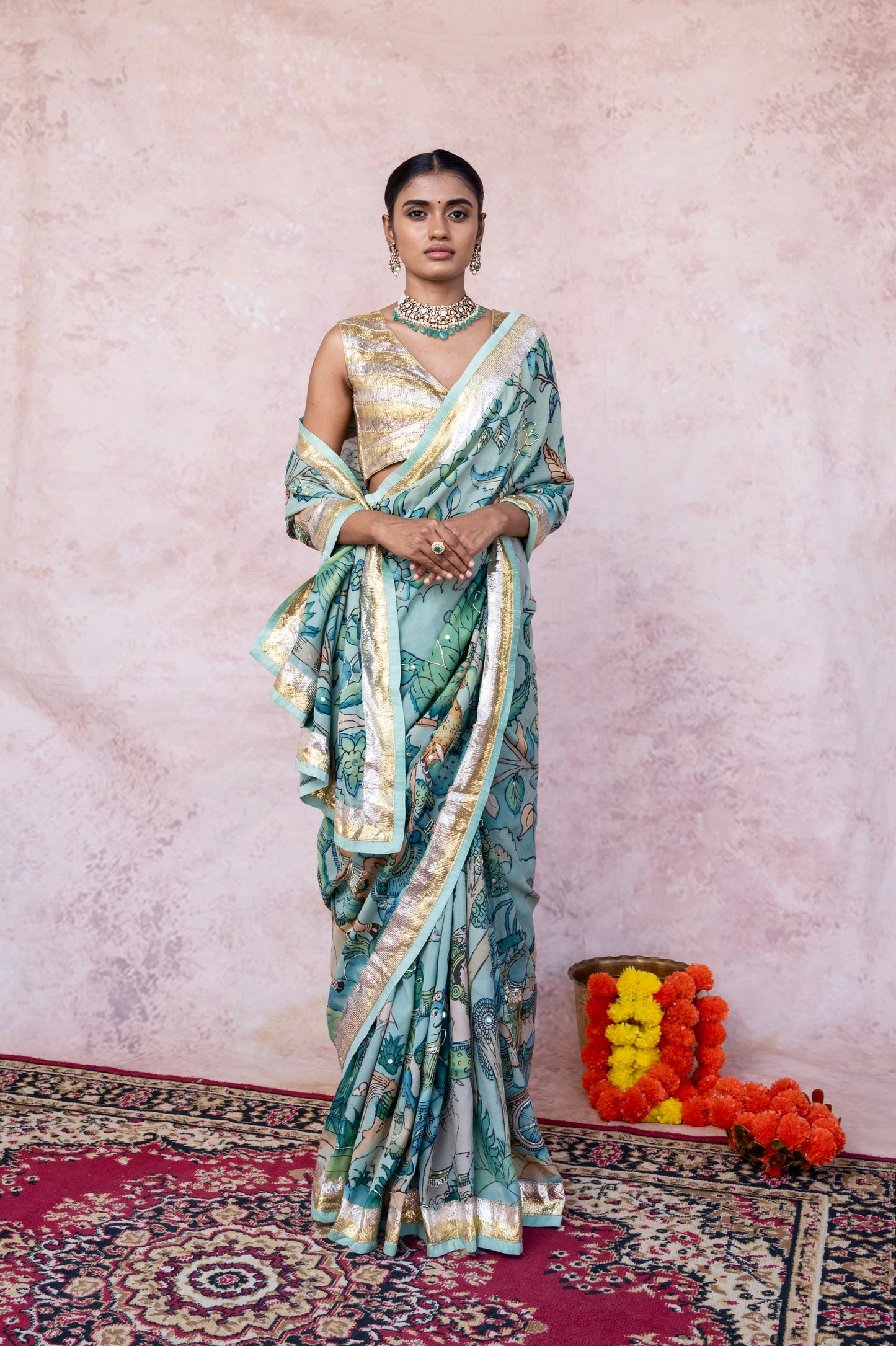 Iceblue Sena Kalamkari Saree Set