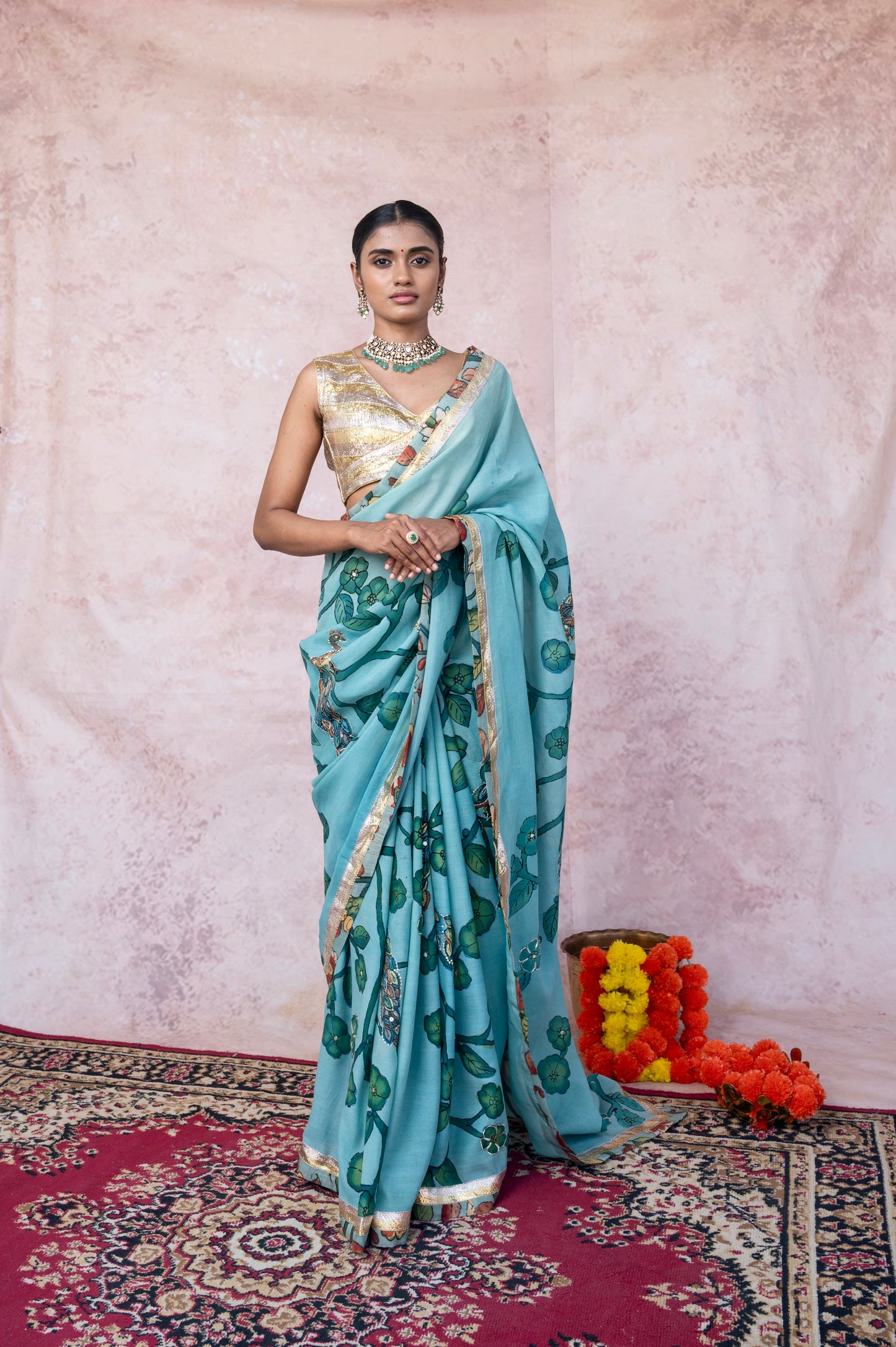 Aqua Blue Peacock Kalamkari Saree Set