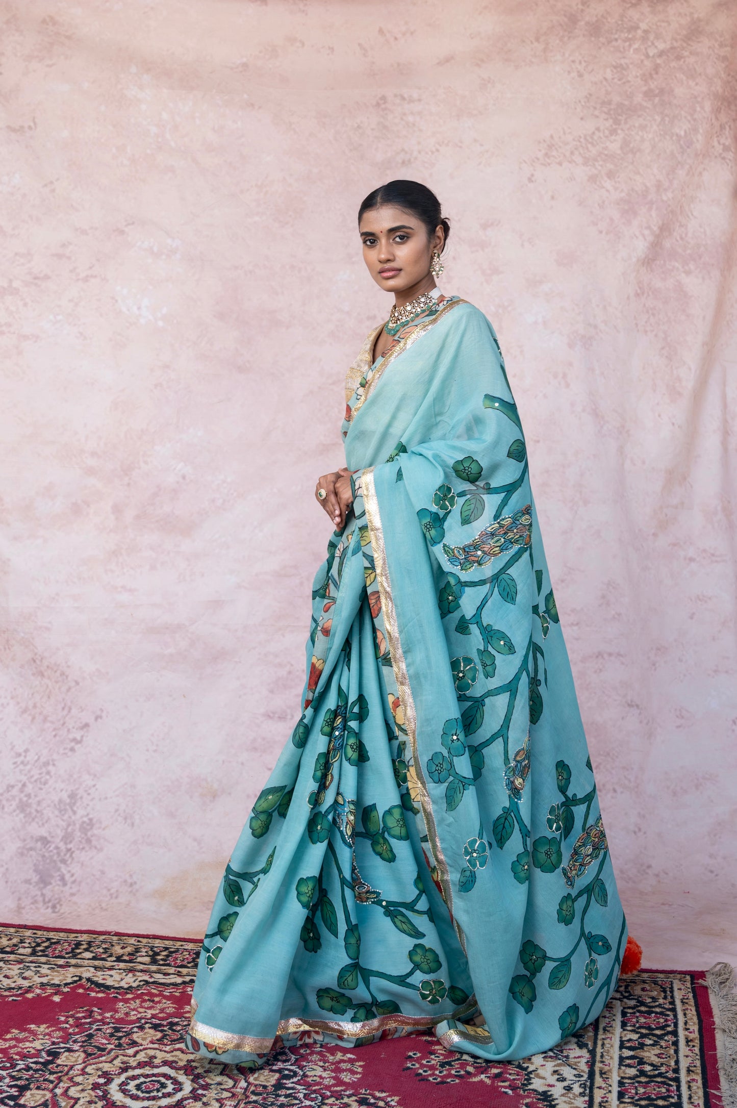 Aqua Blue Peacock Kalamkari Saree Set