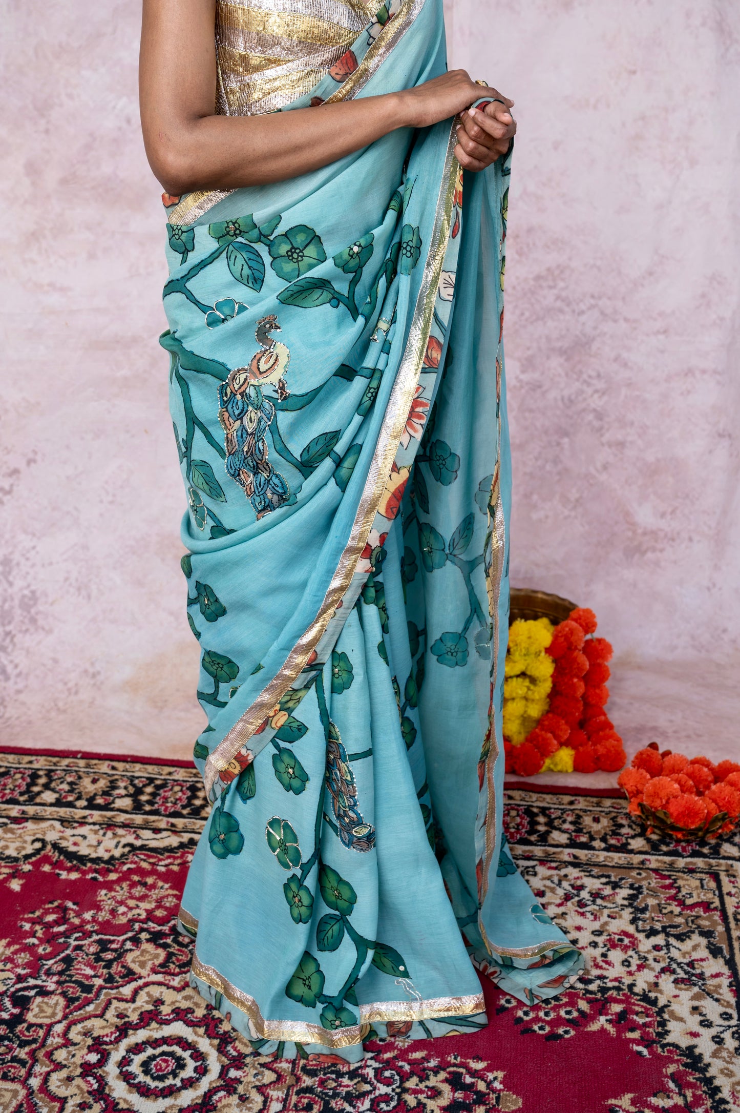 Aqua Blue Peacock Kalamkari Saree Set
