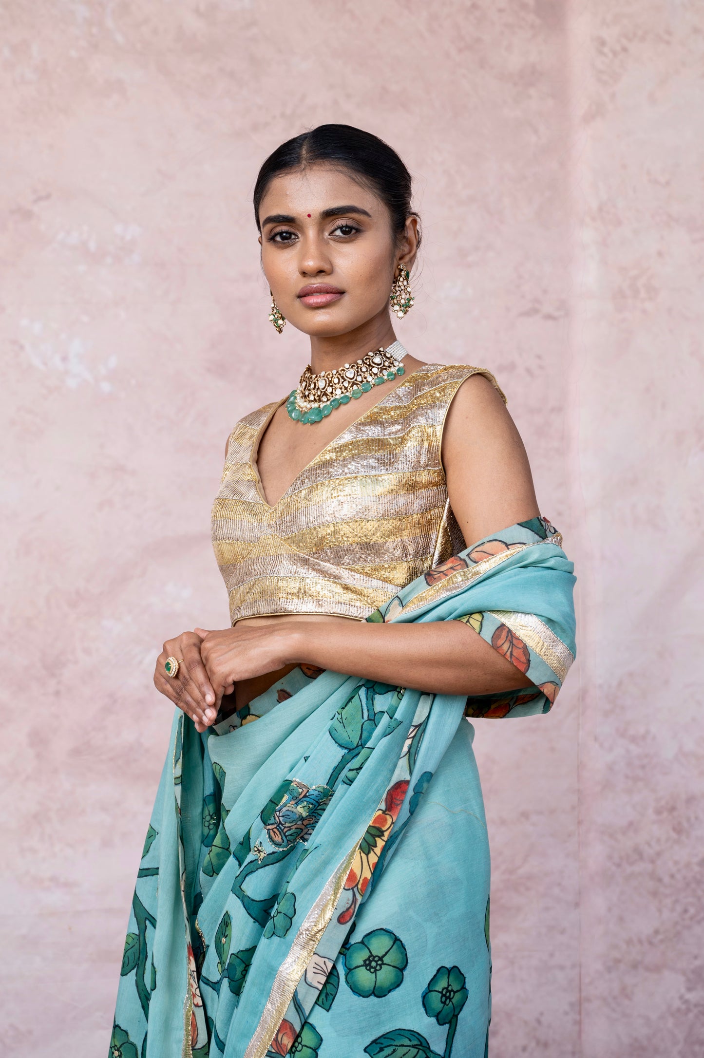 Aqua Blue Peacock Kalamkari Saree Set