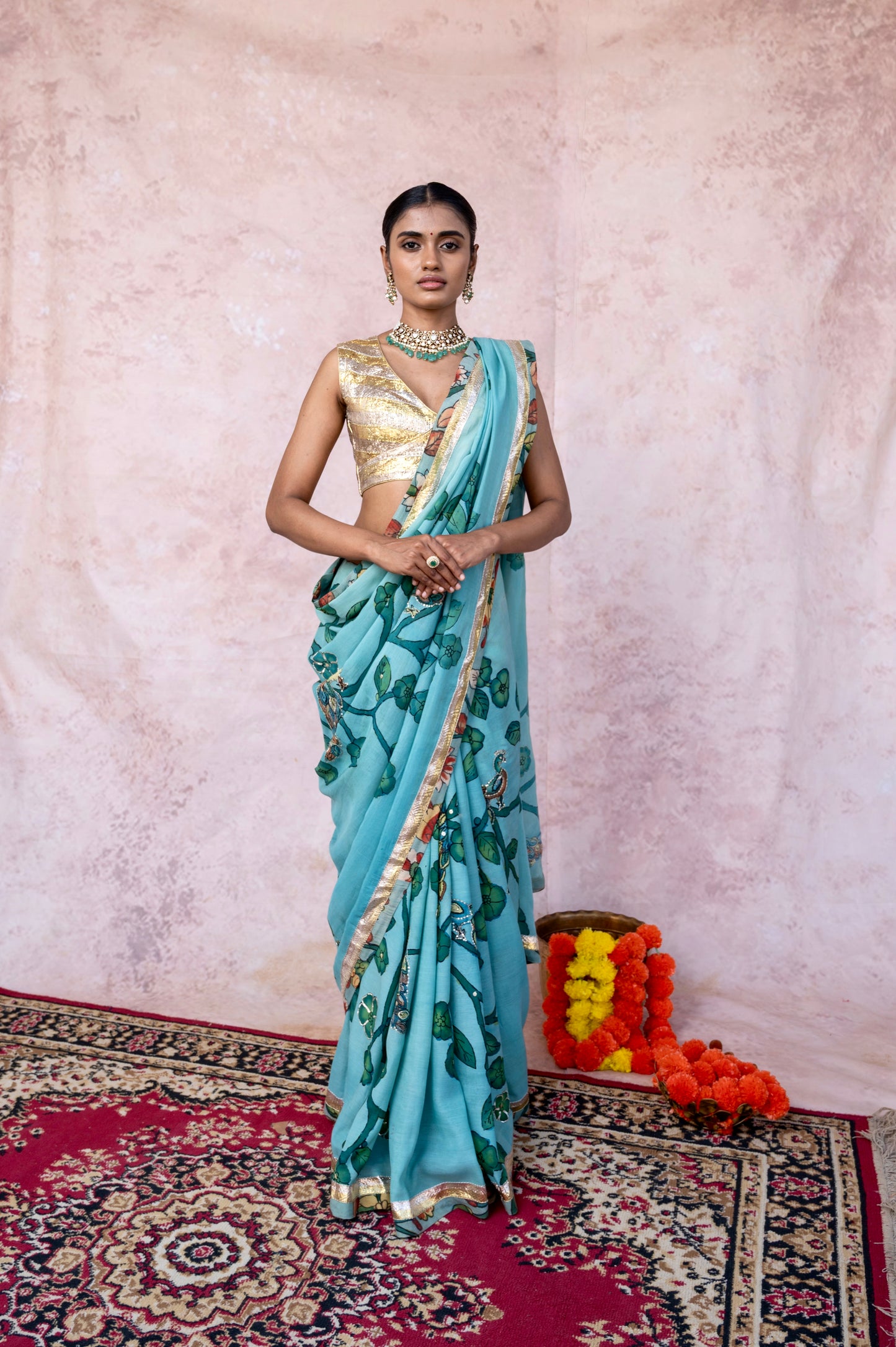 Aqua Blue Peacock Kalamkari Saree Set