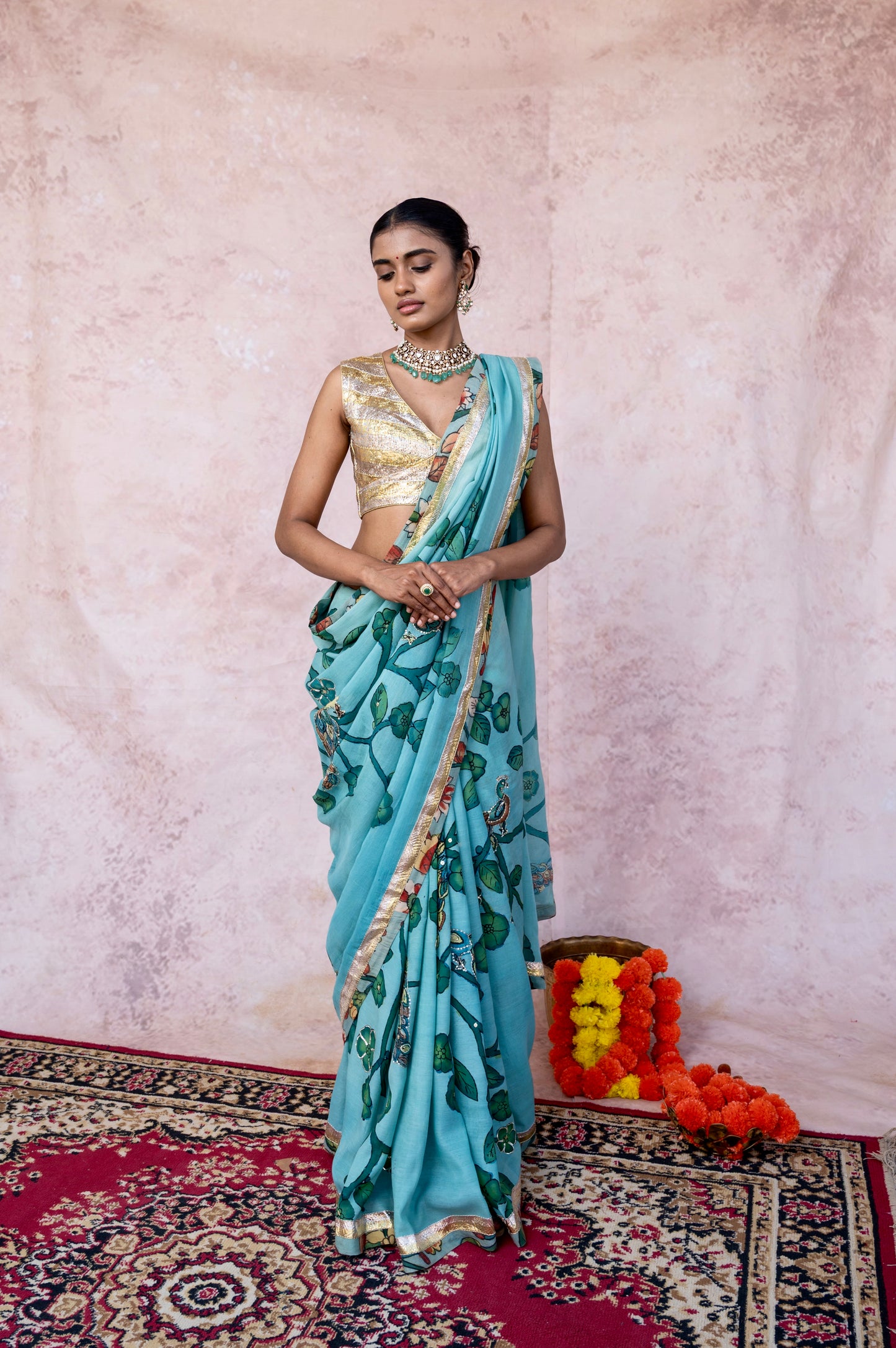 Aqua Blue Peacock Kalamkari Saree Set