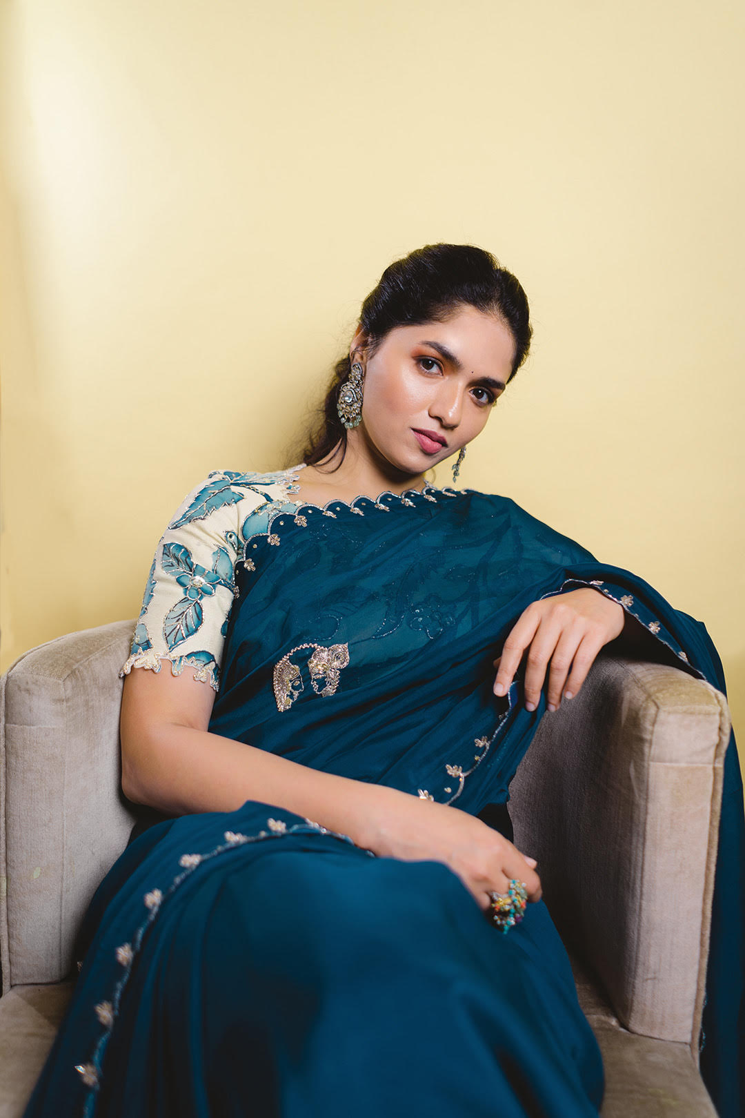 Peacock Blue Embroidered Saree With Kalamkari Blouse