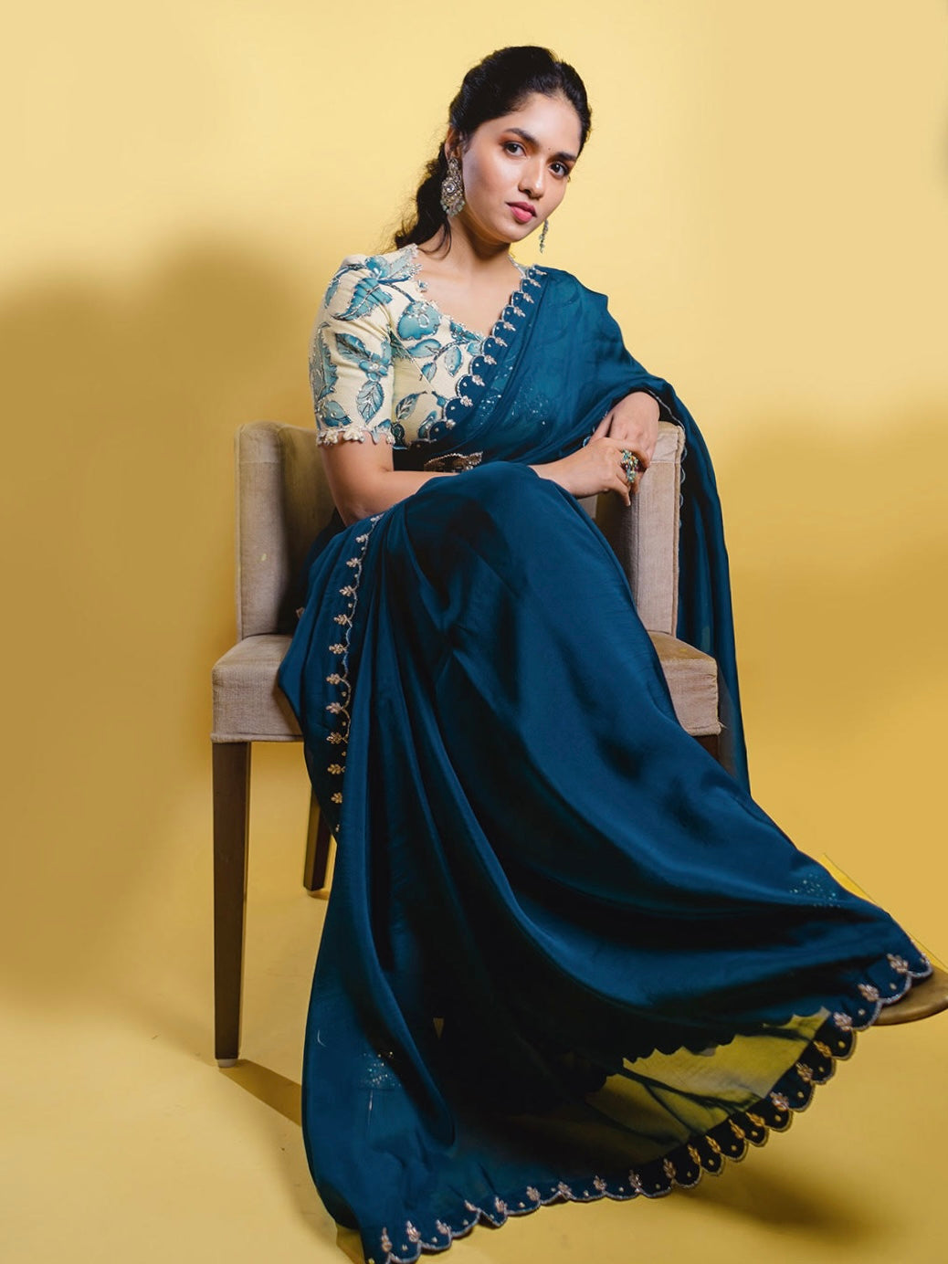 Peacock Blue Embroidered Saree With Kalamkari Blouse