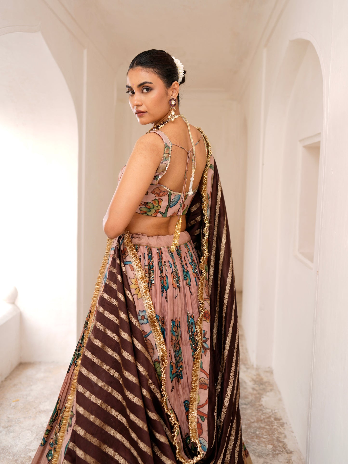 Sandrose-Pink Peacock Theme Kalamkari Lehenga Set