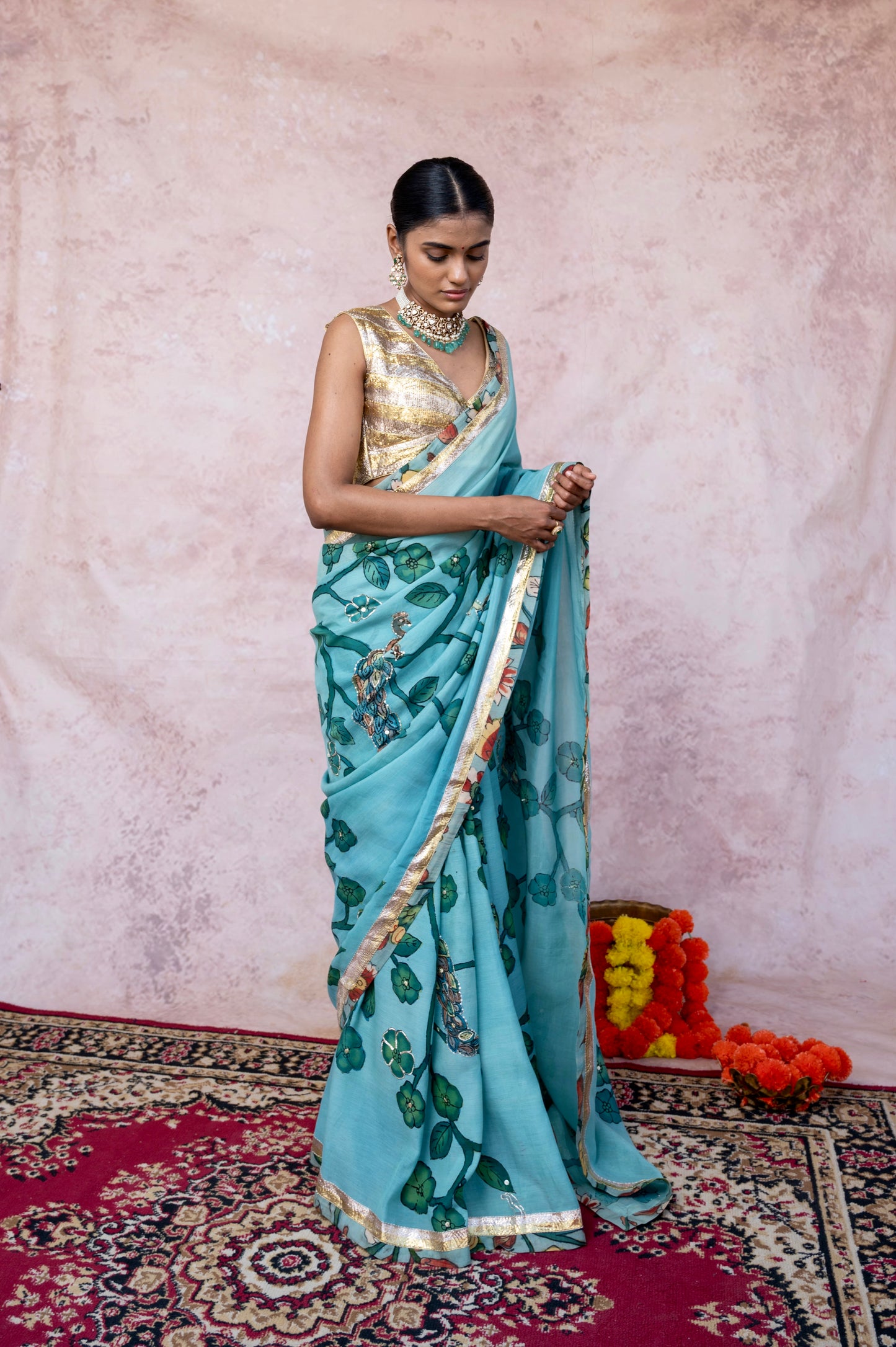 Aqua Blue Peacock Kalamkari Saree Set
