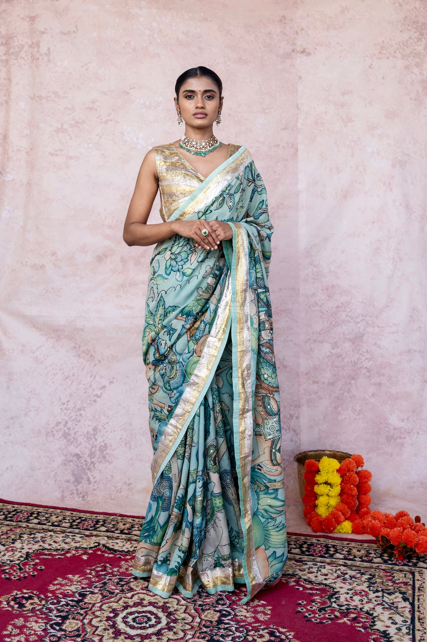 Iceblue Sena Kalamkari Saree Set