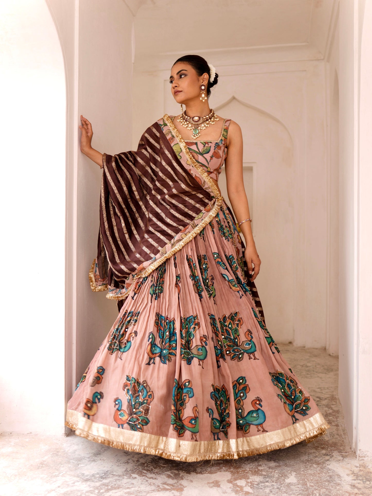 Sandrose-Pink Peacock Theme Kalamkari Lehenga Set