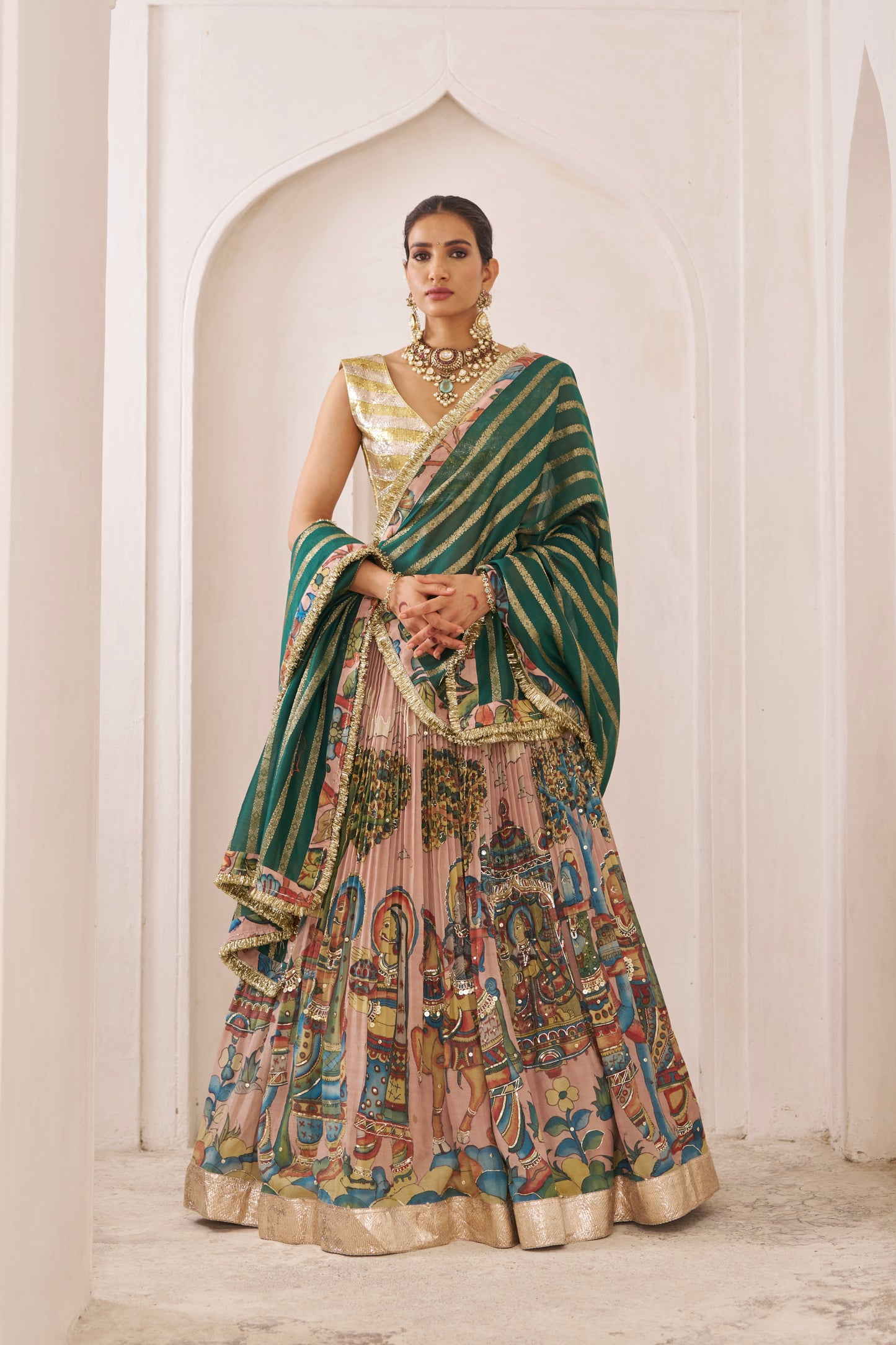 Sandrose Pink Palenquin Bride Kalamkari Lehenga Set