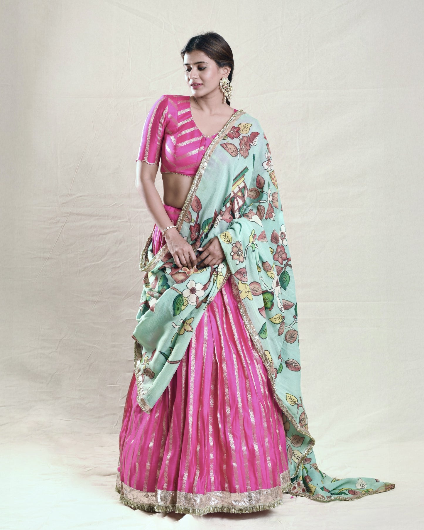 Hotpink Lehenga Set With Birds Outside Cages Kalamkari Dupatta