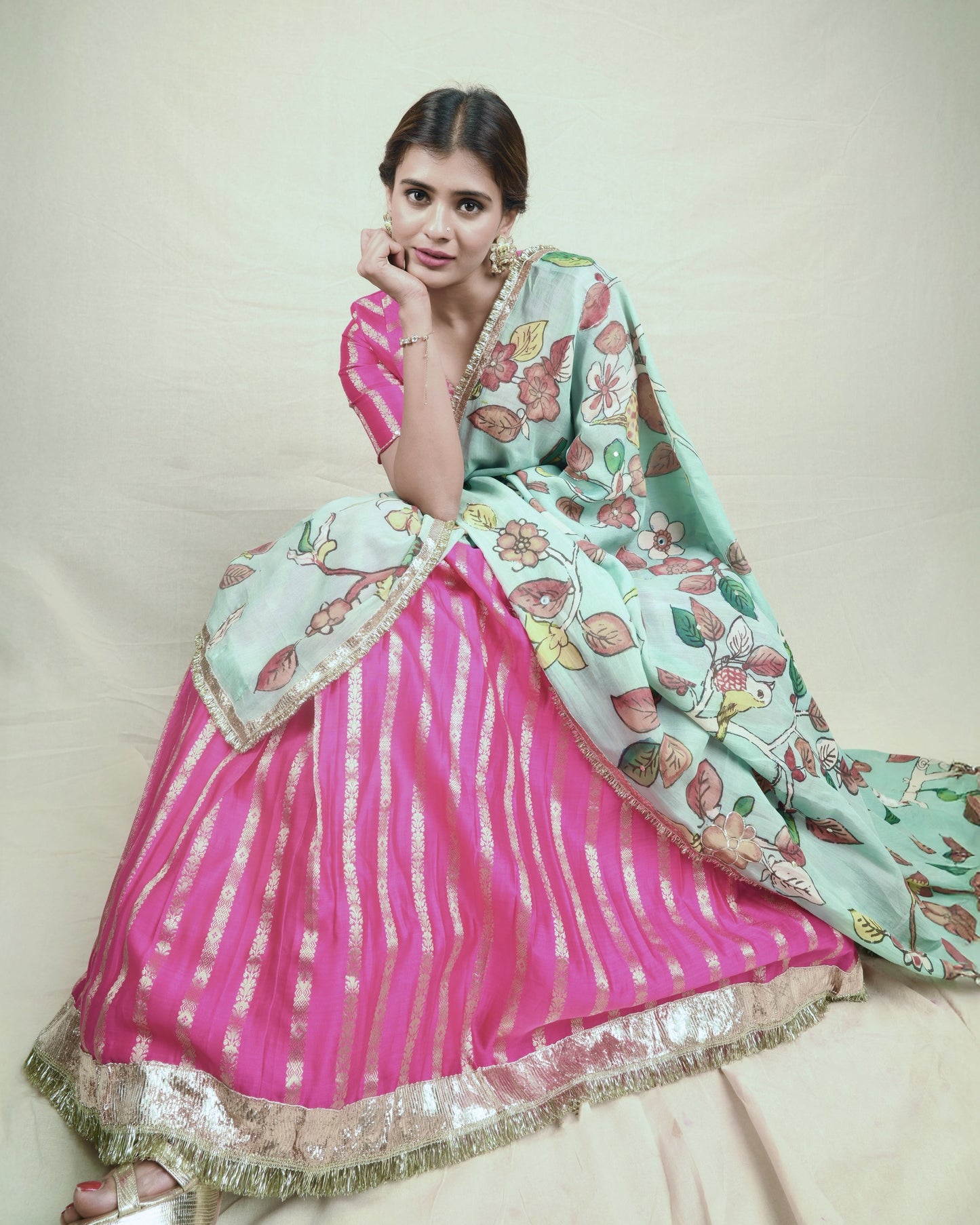 Hotpink Lehenga Set With Birds Outside Cages Kalamkari Dupatta