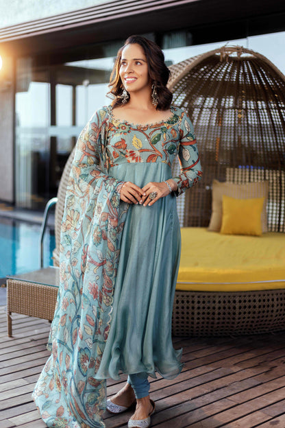 Ice-Blue Kalamkari Flared Anarkali Set