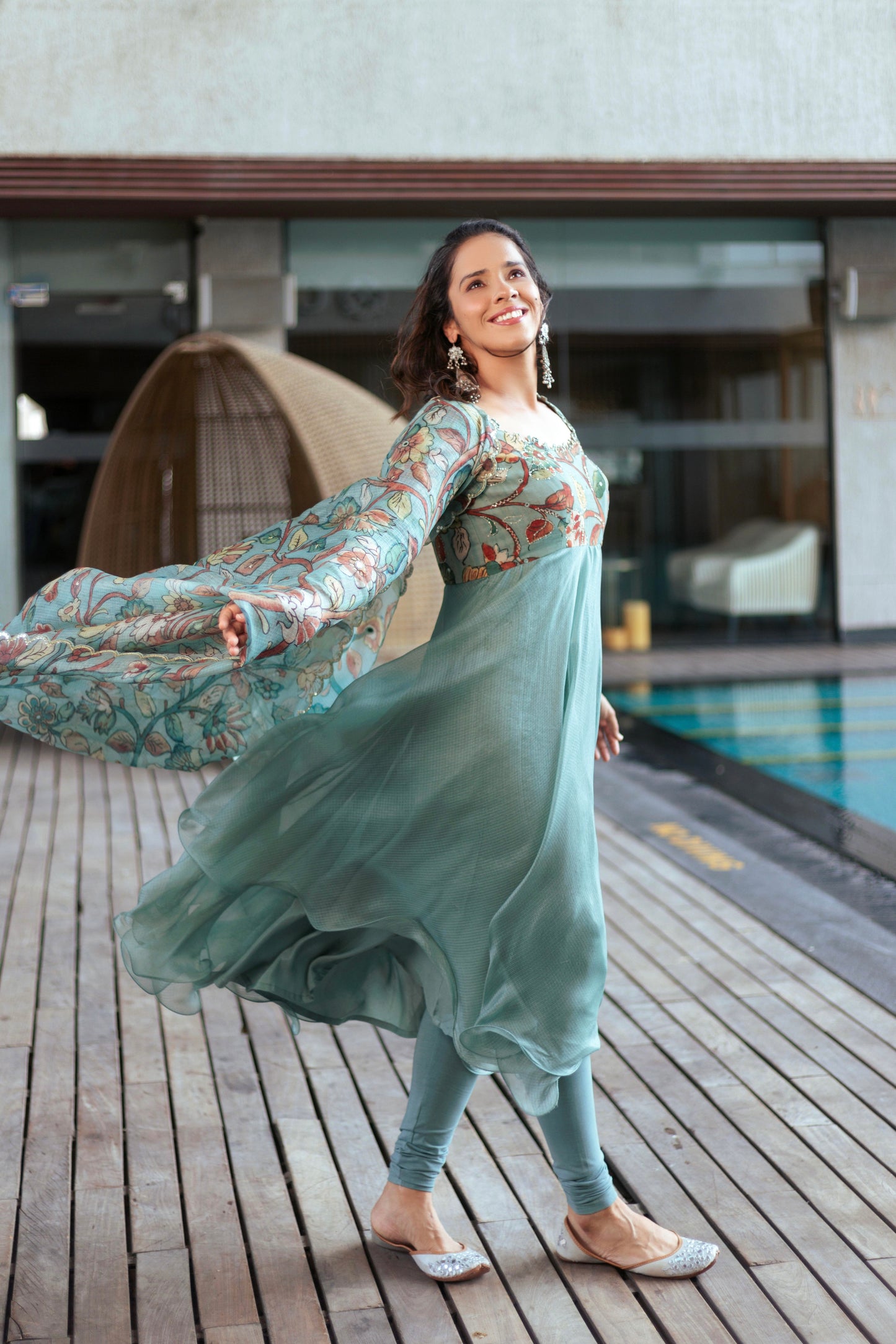 Ice-Blue Kalamkari Flared Anarkali Set