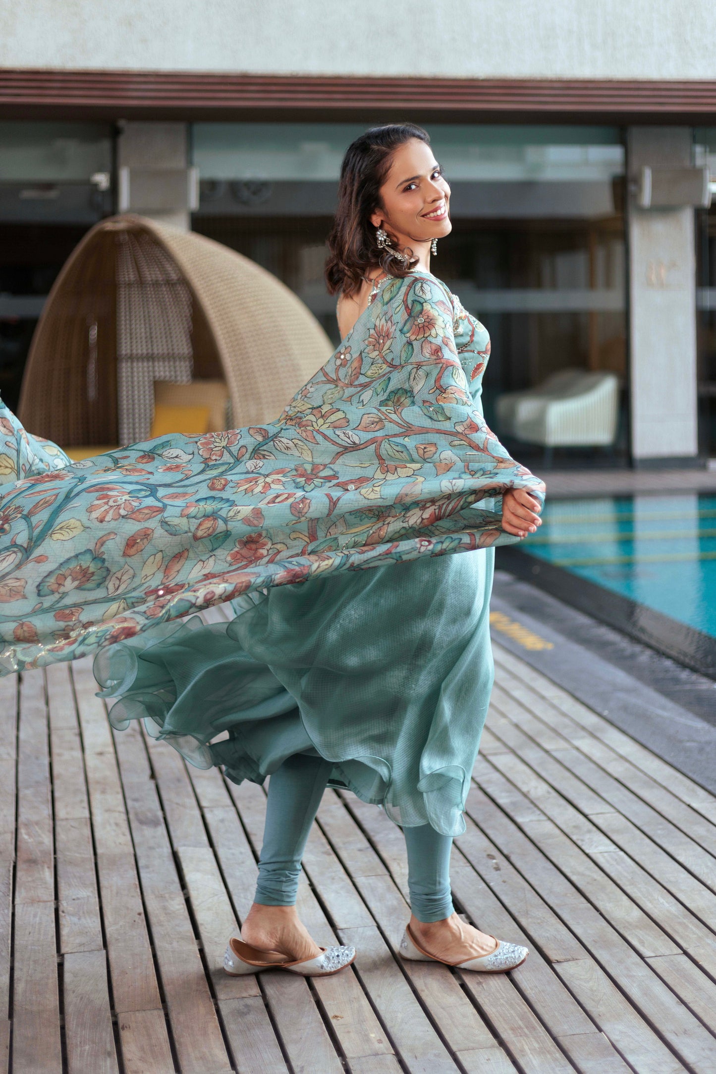 Ice-Blue Kalamkari Flared Anarkali Set