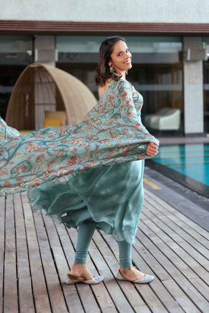 Ice-Blue Kalamkari Flared Anarkali Set