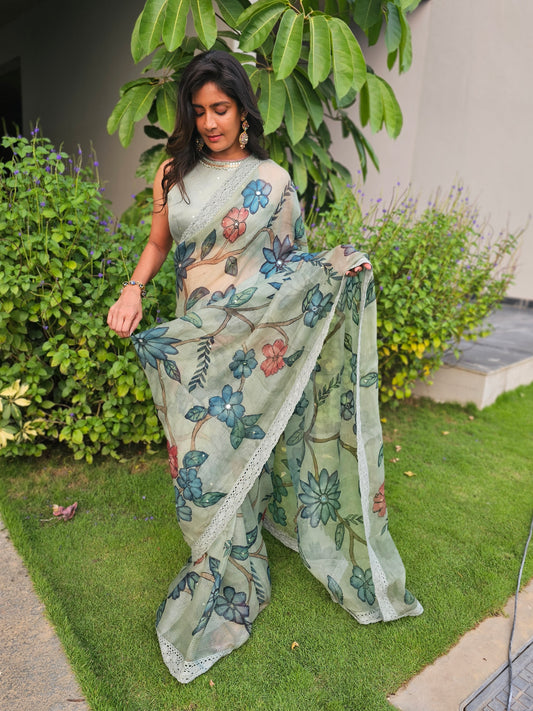 Ice-Blue Floral Kalamkari Saree