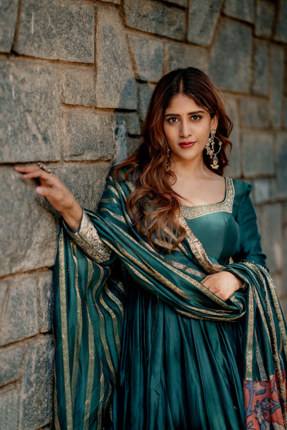 Ramagreen Hand Embroidered Anarkali Set With Kalamkari Detailing