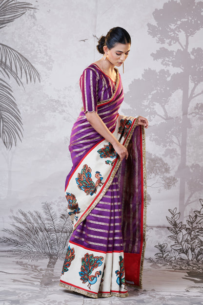 Purple Peacock Hand-Painted Kalamkari Saree Set