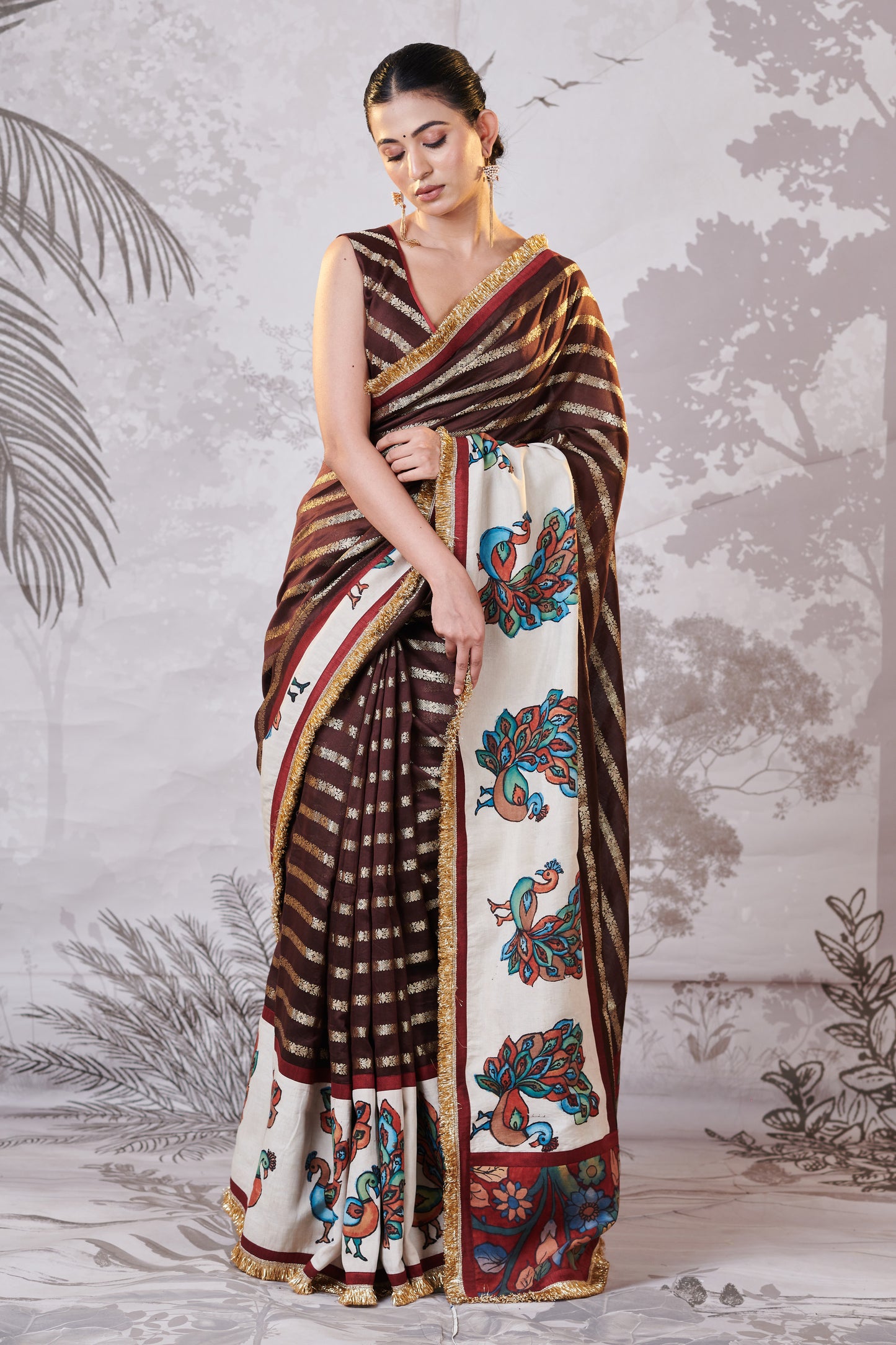 Brown Peacock Hand-Painted Kalamkari Saree Set