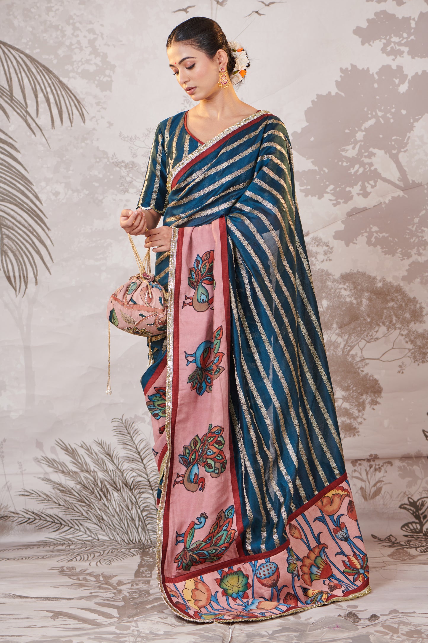 Peacock-Blue Peacock Hand-Painted Kalamkari Saree Set