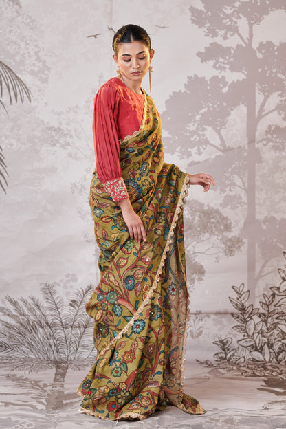 Olive-Green Hand-Painted Kalamkari Saree Set