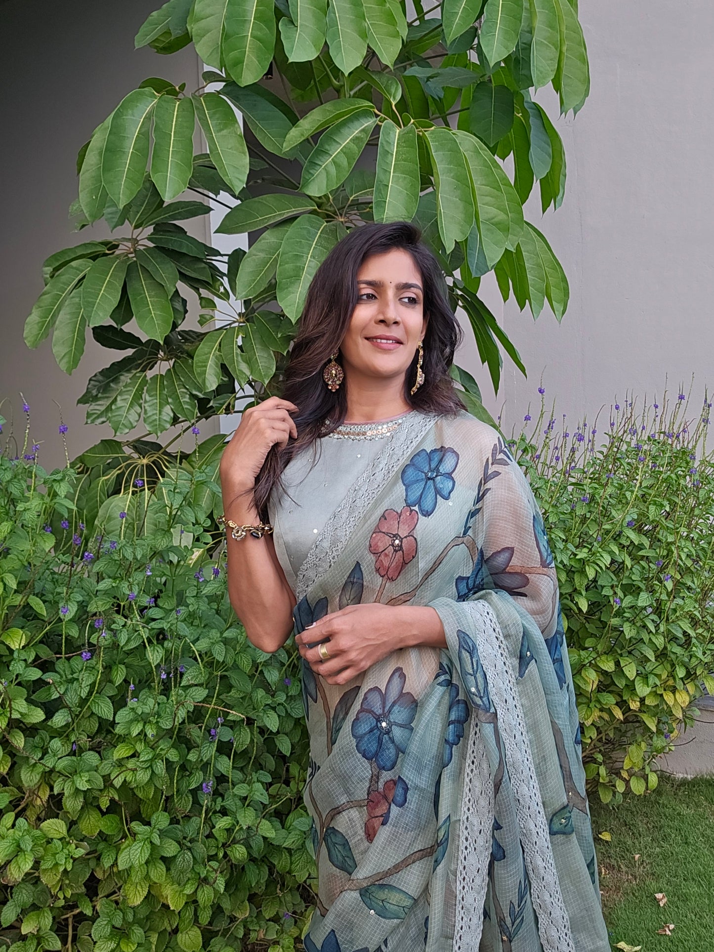 Ice-Blue Floral Kalamkari Saree