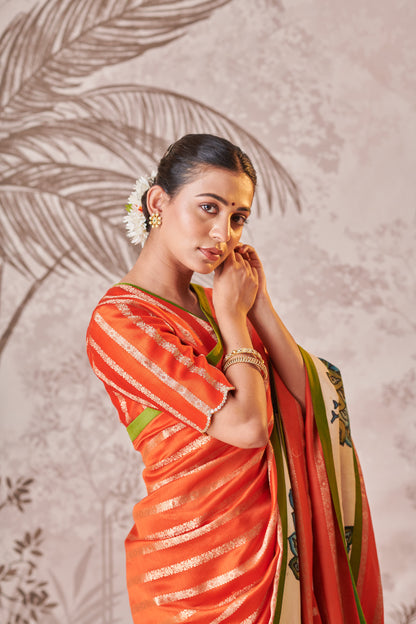 Tangerine Orange Peacock Hand-Painted Kalamkari Saree Set